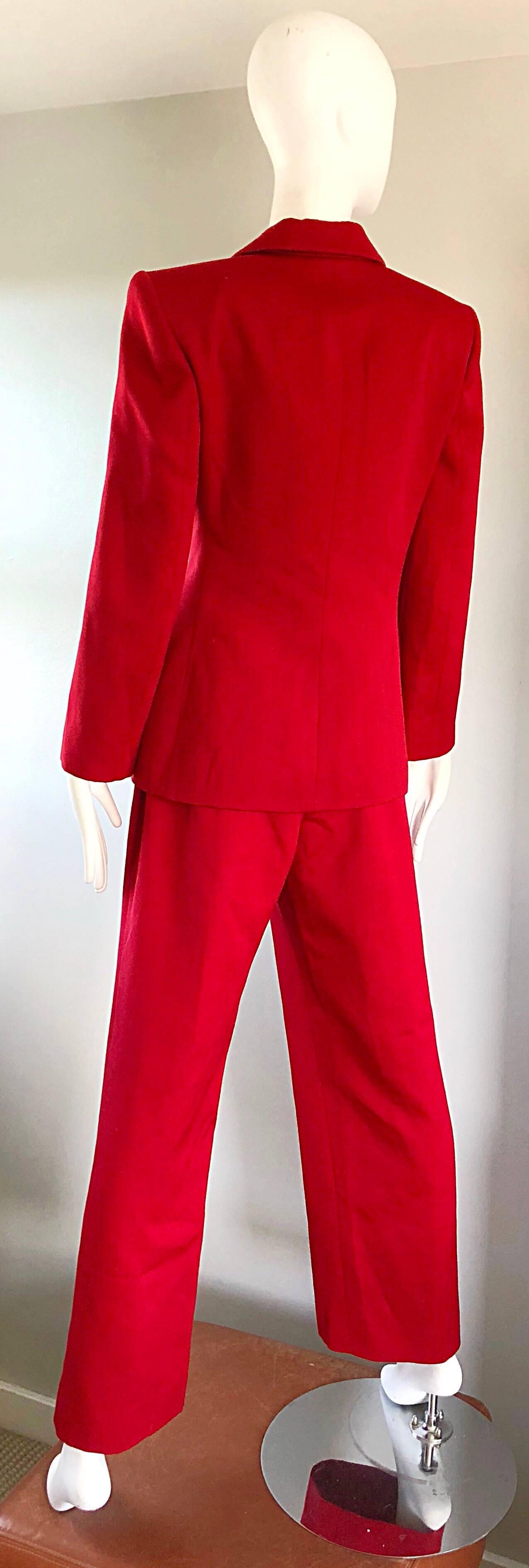 Isaac Mizrahi Vintage 1990s Lipstick Red Wide Leg Wool Le Smoking 90s Pants Suit 2