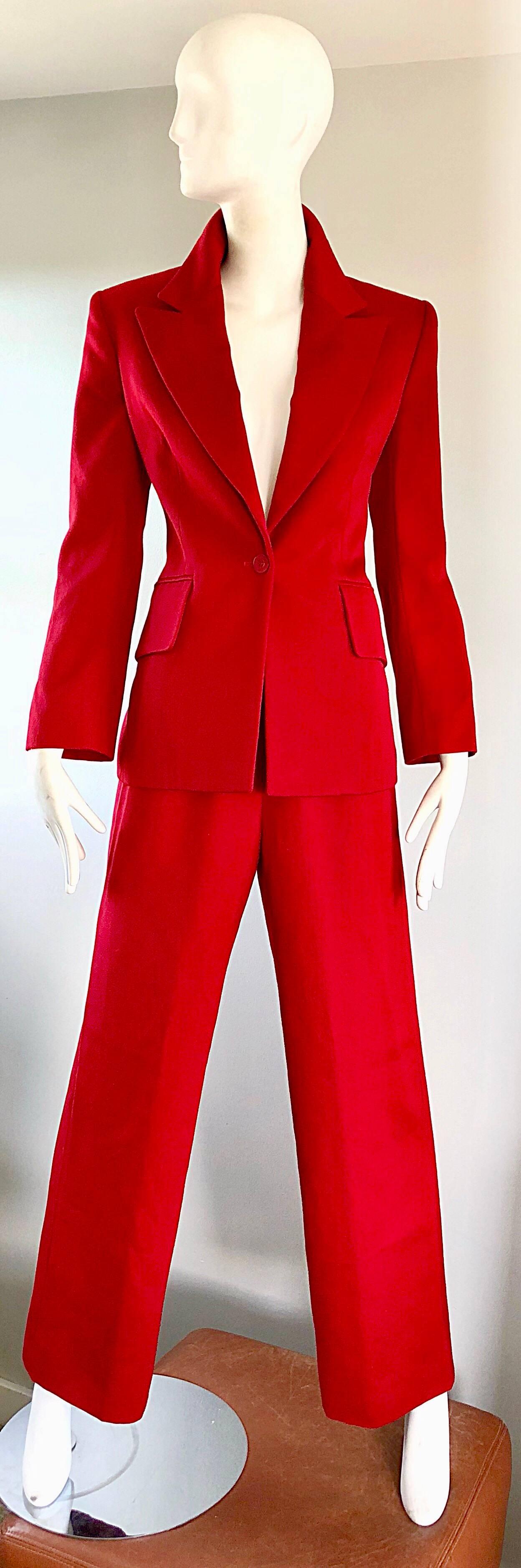 Isaac Mizrahi Vintage 1990s Lipstick Red Wide Leg Wool Le Smoking 90s Pants Suit 3