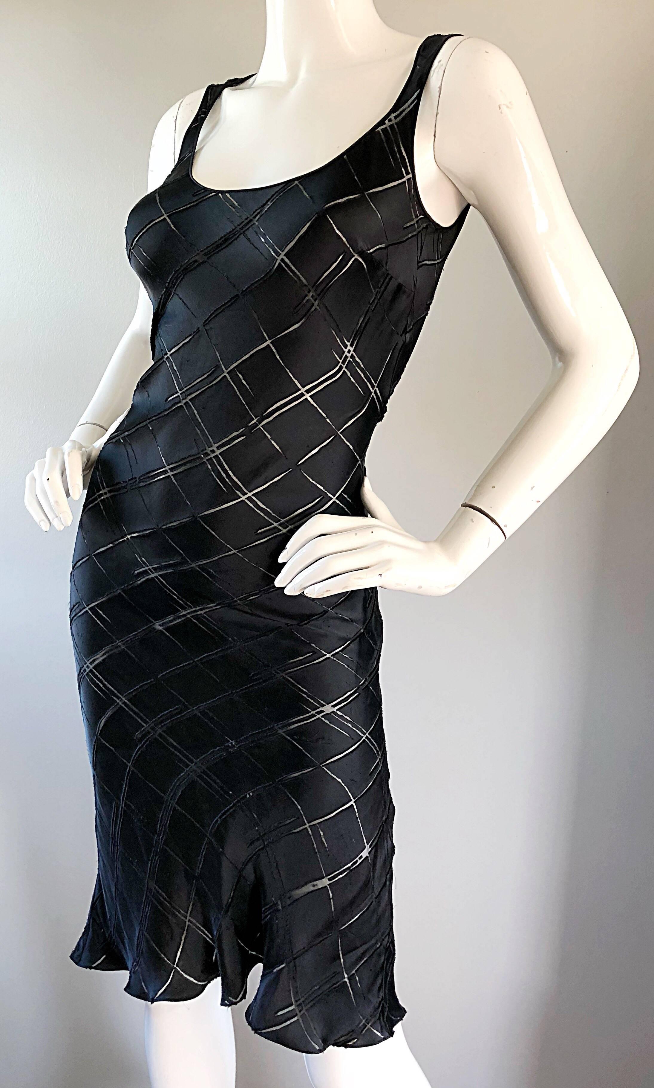 Women's Rare Early John Galliano 1990s Black + Sheer Panels Black Silk Bias Cut Dress