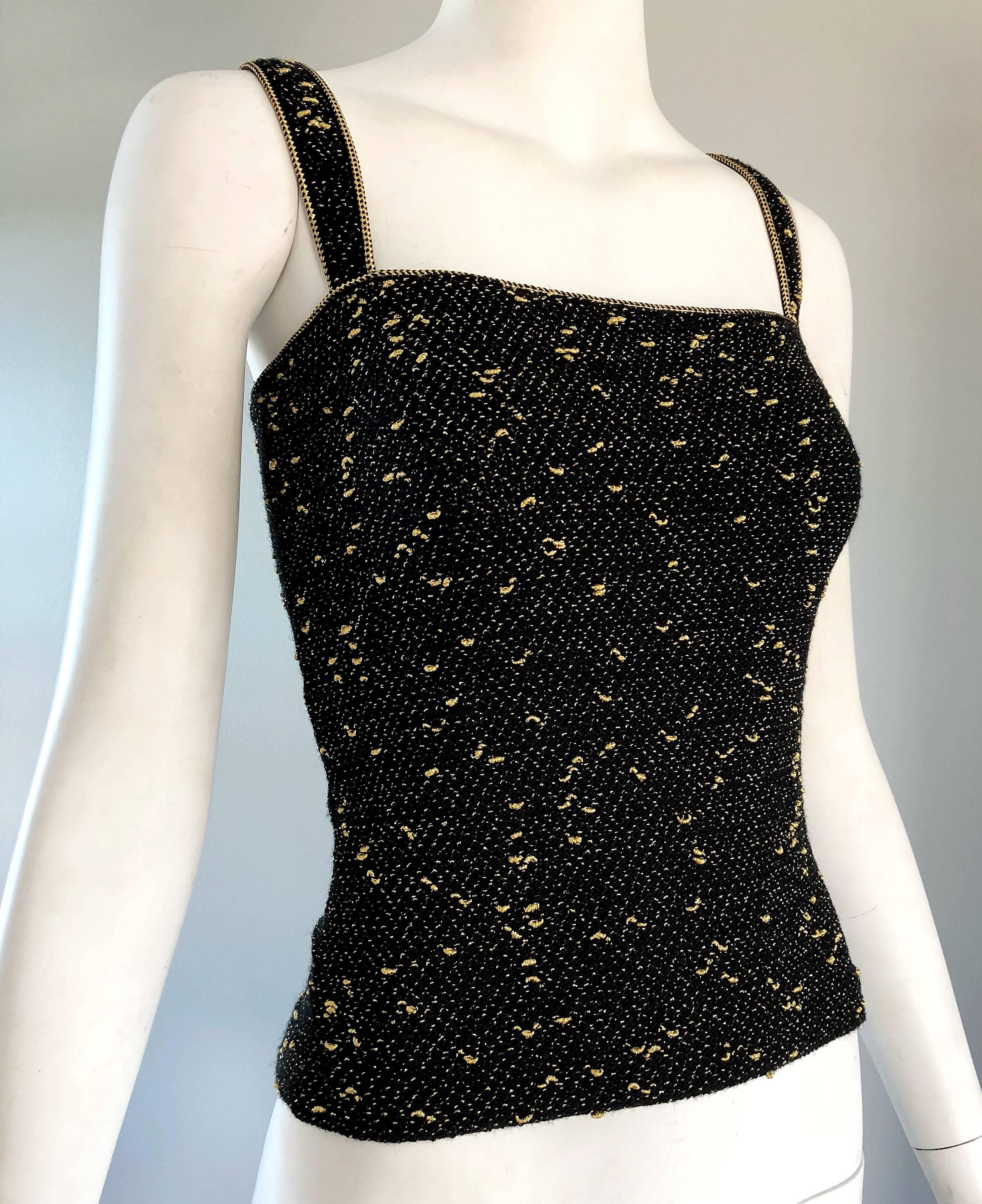 Women's 1970s Yves Saint Laurent Black and Gold Lurex Metallic Knit Sleeveless Tank Top