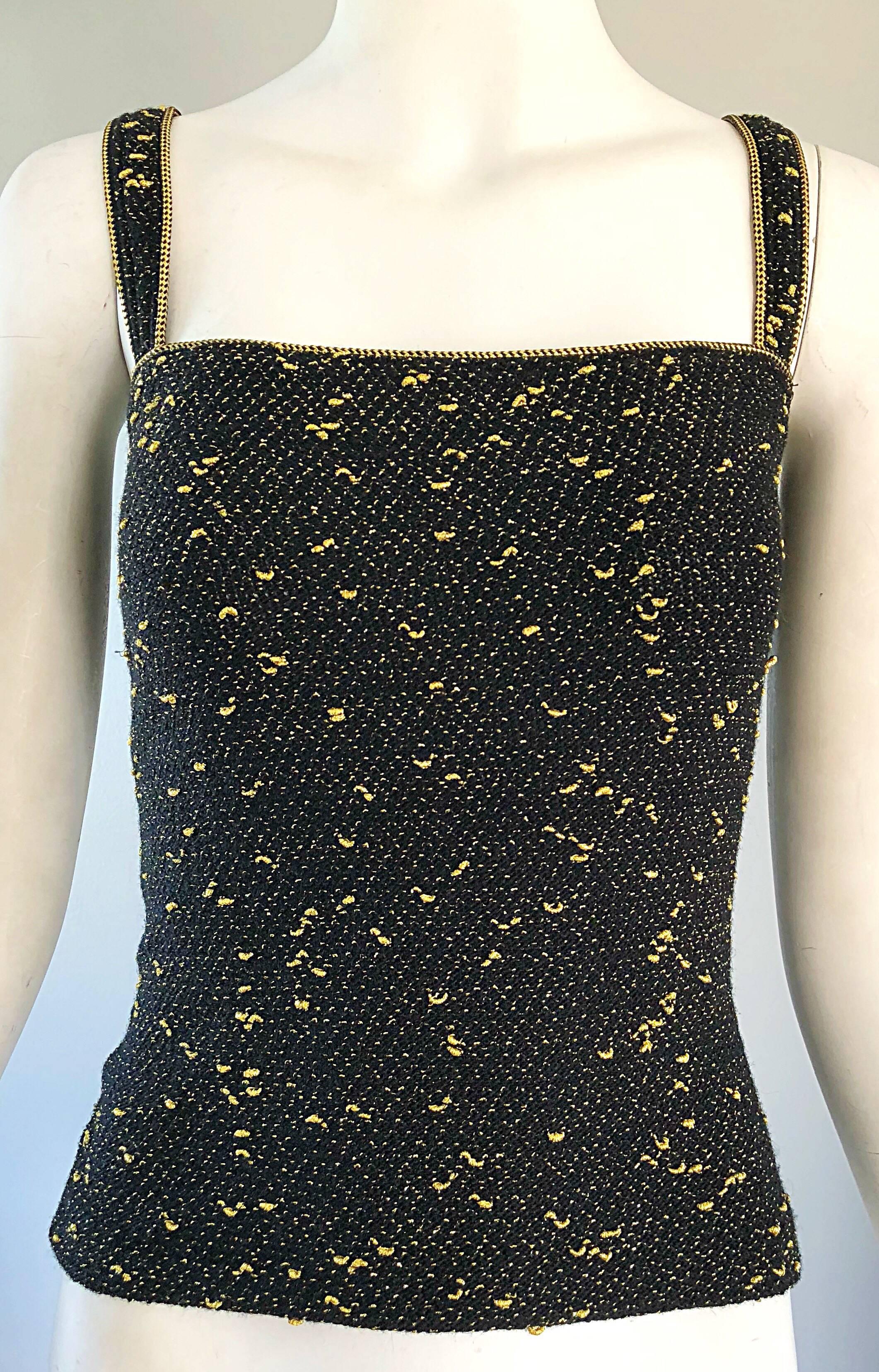 1970s Yves Saint Laurent Black and Gold Lurex Metallic Knit Sleeveless Tank Top 2