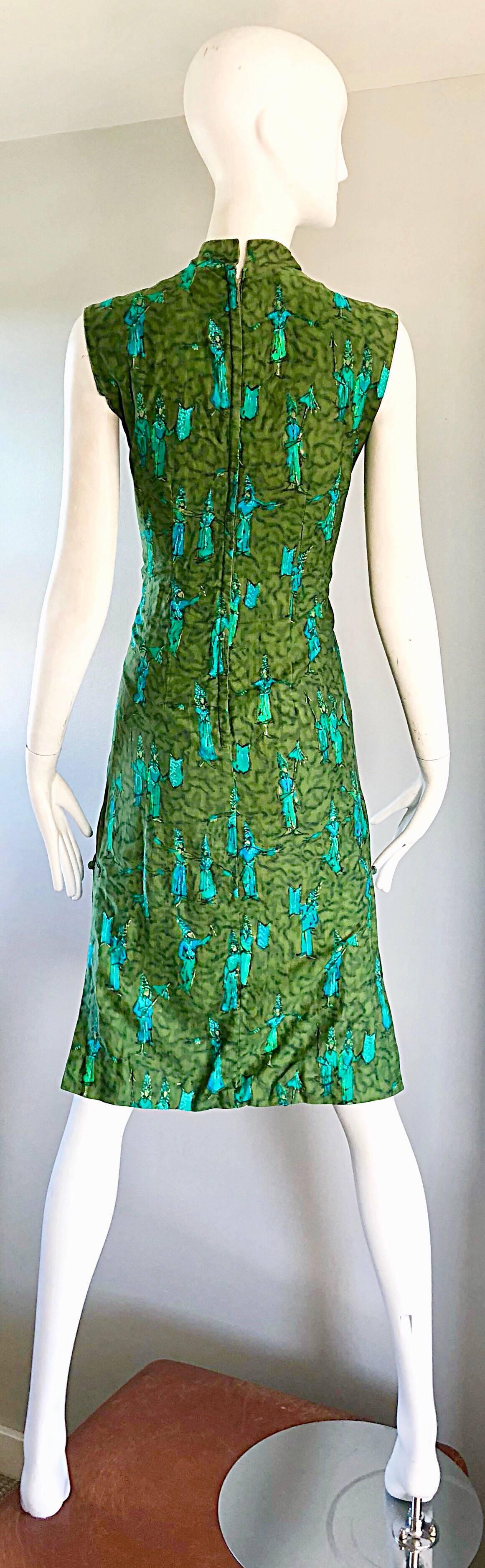 1960s Avocado Lime Green Turquoise Blue Balinese Polynesian 60s Cheongsam Dress 1