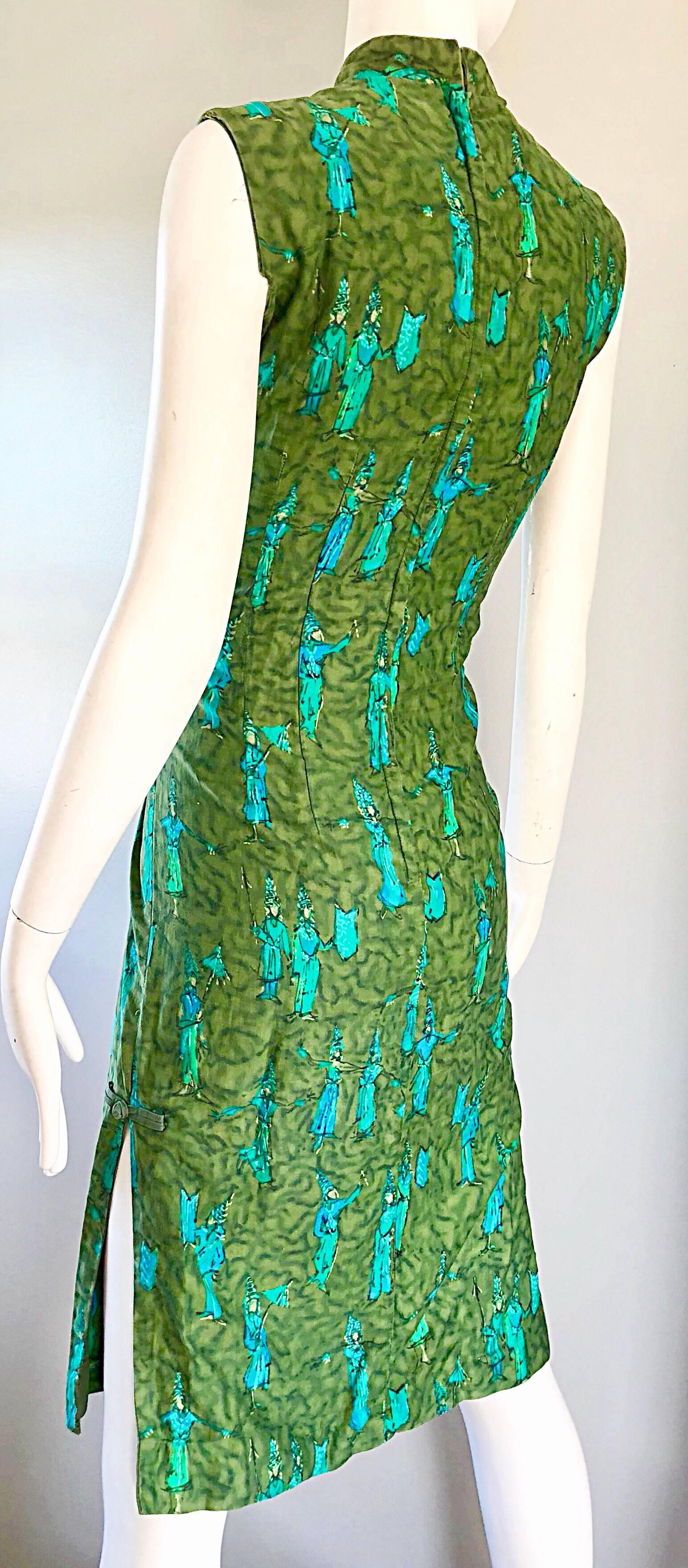 1960s Avocado Lime Green Turquoise Blue Balinese Polynesian 60s Cheongsam Dress 3