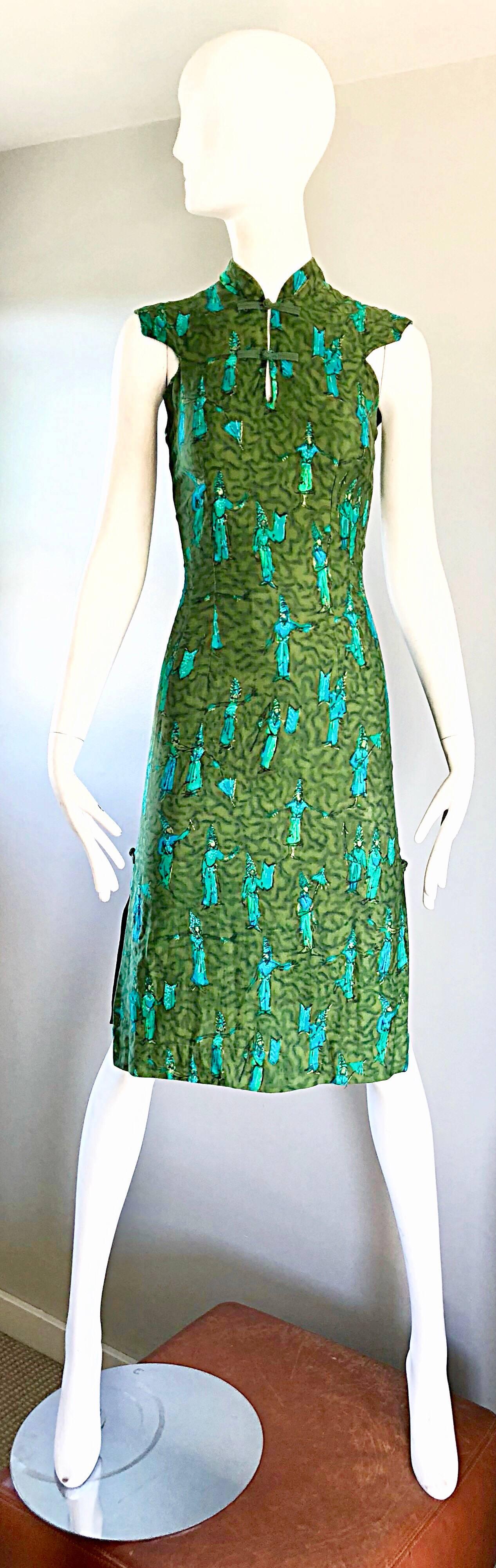 1960s Avocado Lime Green Turquoise Blue Balinese Polynesian 60s Cheongsam Dress 4