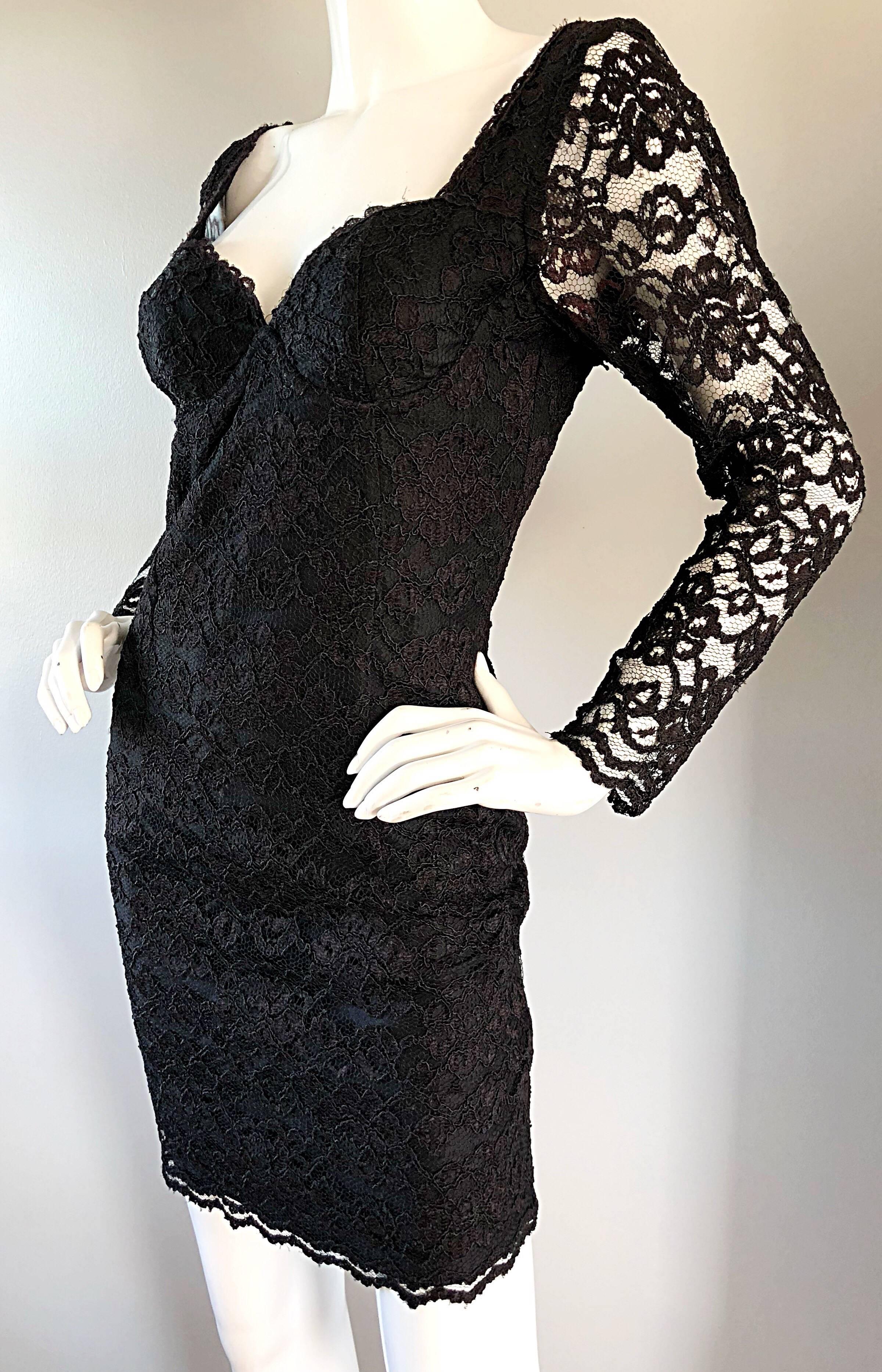 Sexy Vintage Black Silk Lace 1990s Bodycon Long Sleeve 90s Little Black Dress In Excellent Condition In San Diego, CA