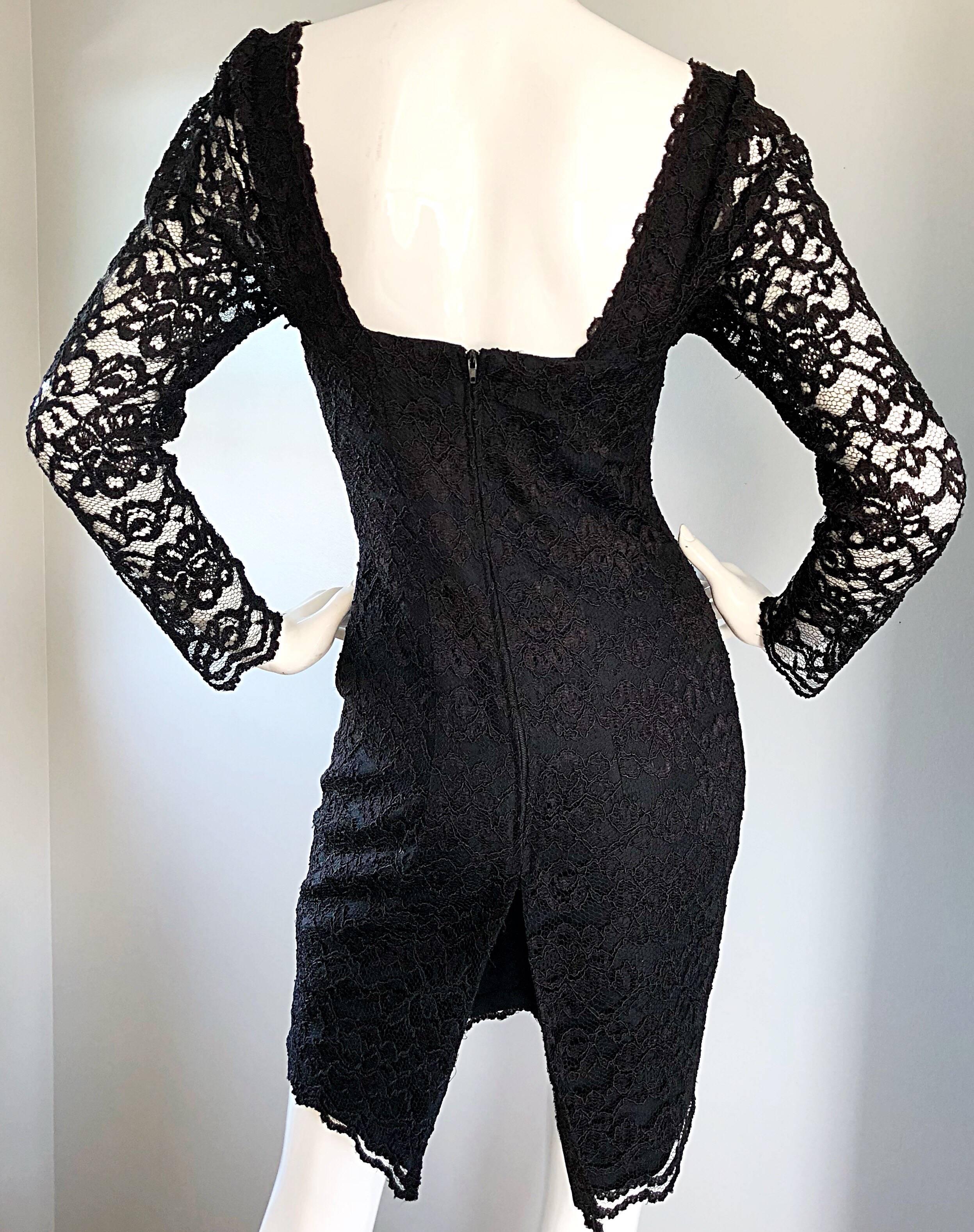 Women's Sexy Vintage Black Silk Lace 1990s Bodycon Long Sleeve 90s Little Black Dress