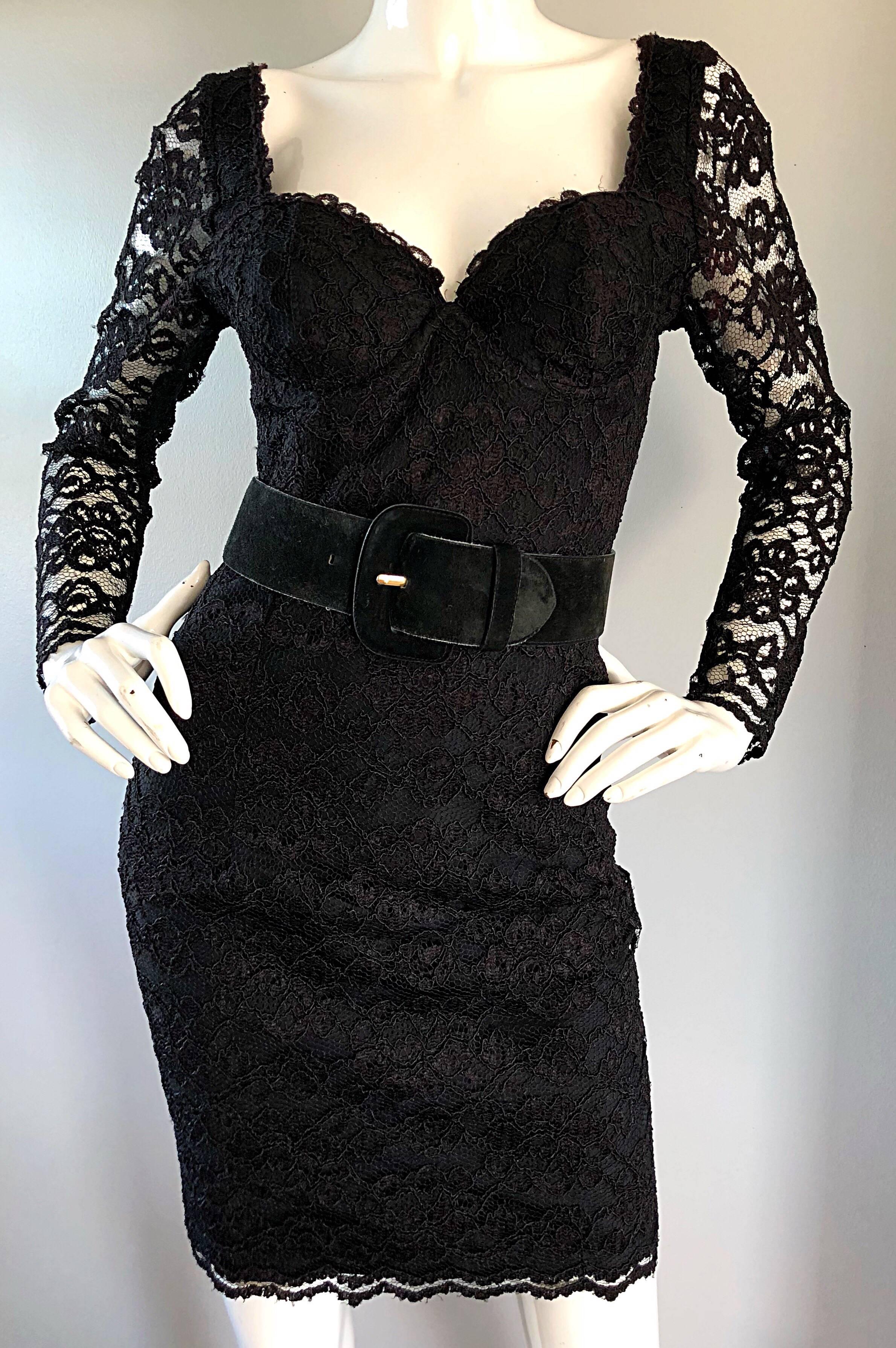 Sexy Vintage Black Silk Lace 1990s Bodycon Long Sleeve 90s Little Black Dress 1