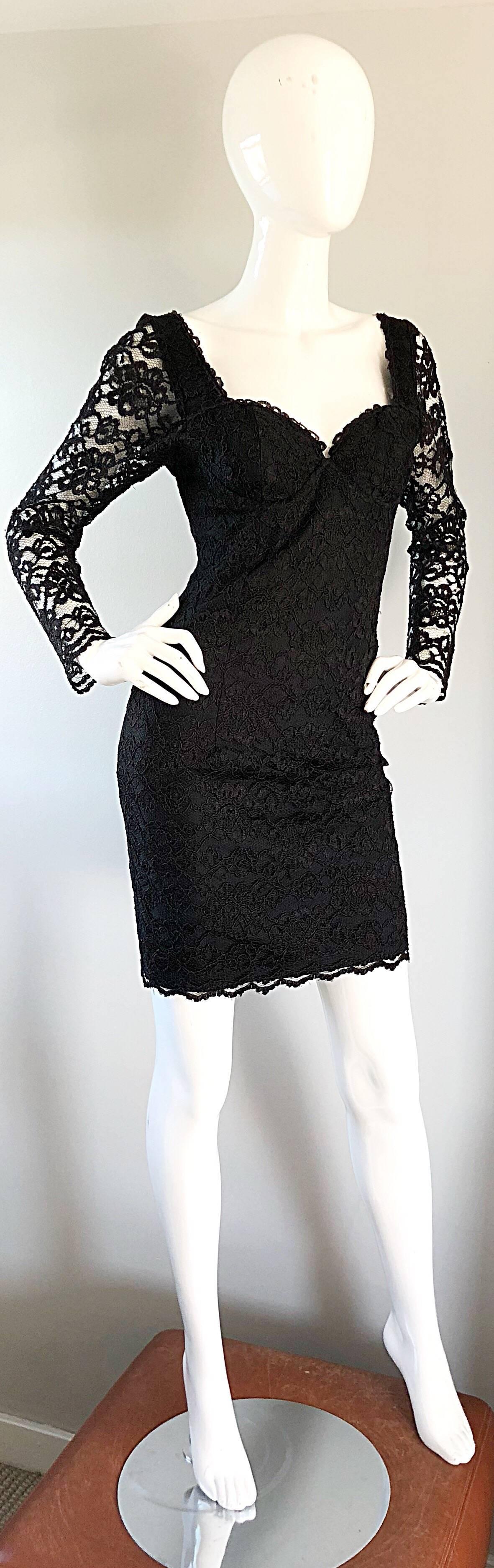 Sexy Vintage Black Silk Lace 1990s Bodycon Long Sleeve 90s Little Black Dress 2