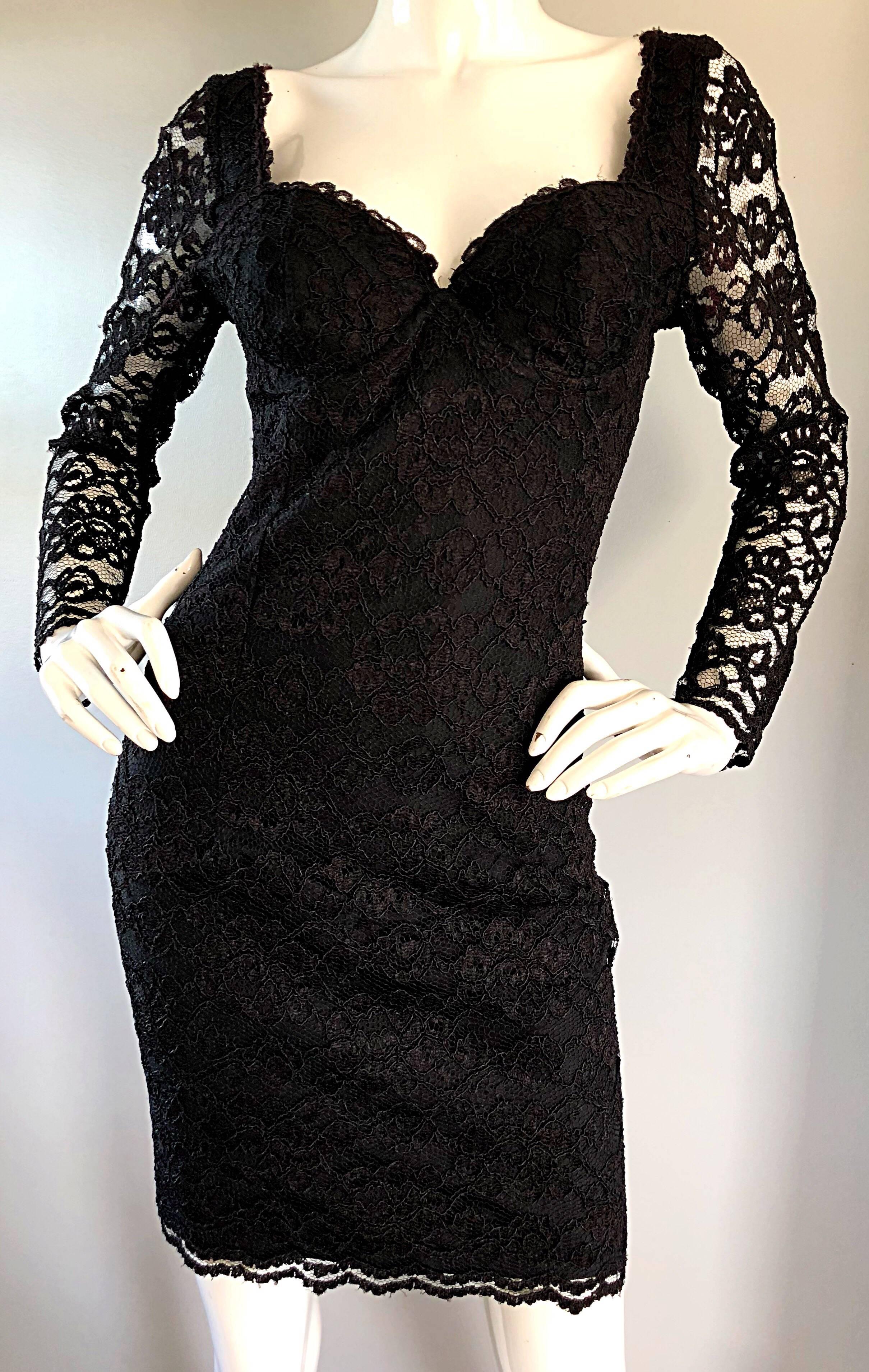 Sexy Vintage Black Silk Lace 1990s Bodycon Long Sleeve 90s Little Black Dress 3