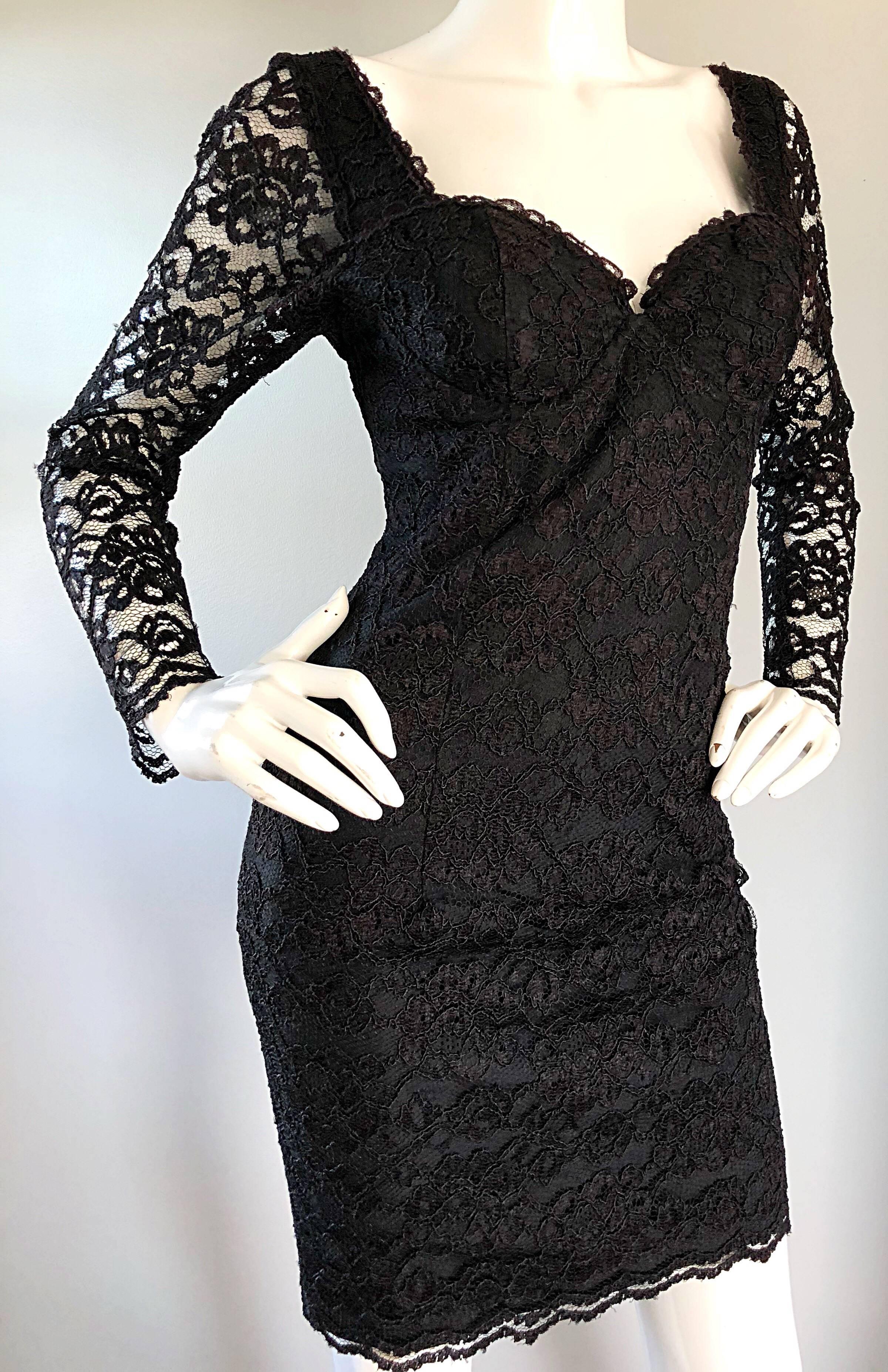 Sexy Vintage Black Silk Lace 1990s Bodycon Long Sleeve 90s Little Black Dress 4