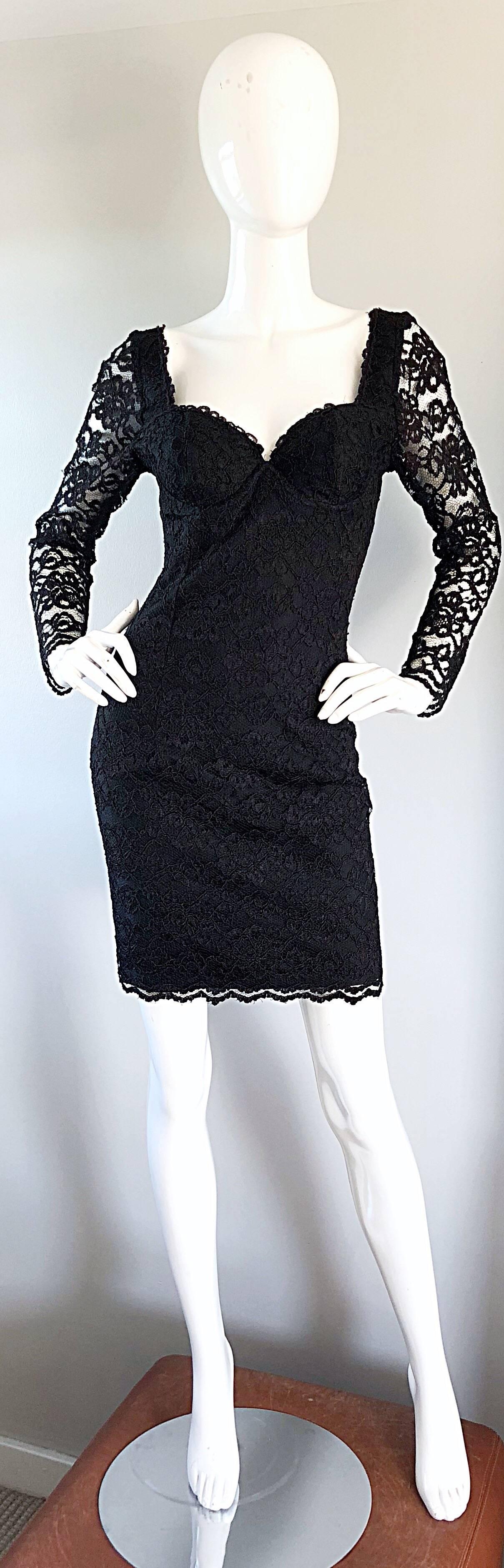 Sexy Vintage Black Silk Lace 1990s Bodycon Long Sleeve 90s Little Black Dress 5