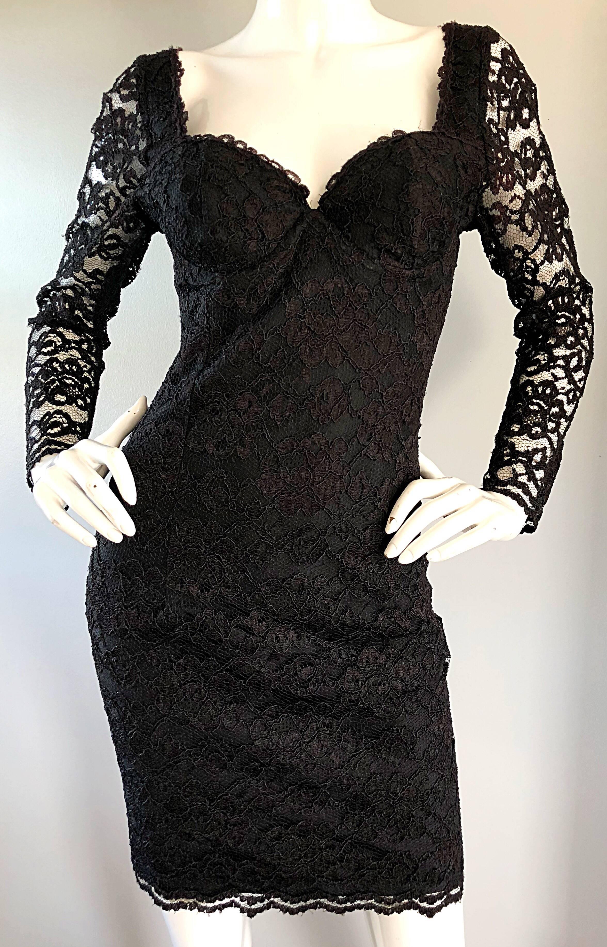 Sexy Vintage Black Silk Lace 1990s Bodycon Long Sleeve 90s Little Black Dress 6