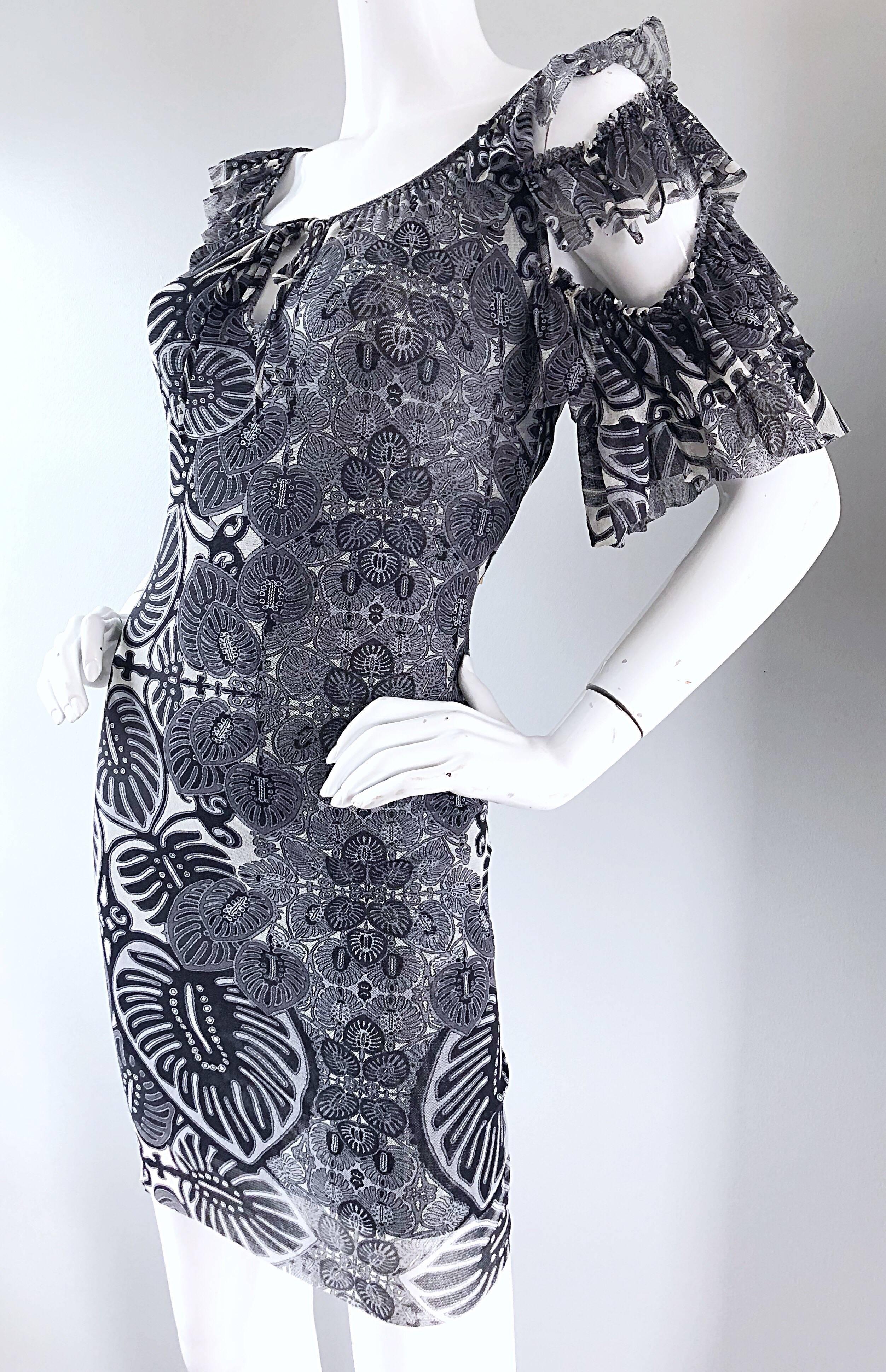 Vintage Jean Paul Gaultier Black and White Batik Print 1990s Flamenco Mini Dress In Excellent Condition For Sale In San Diego, CA