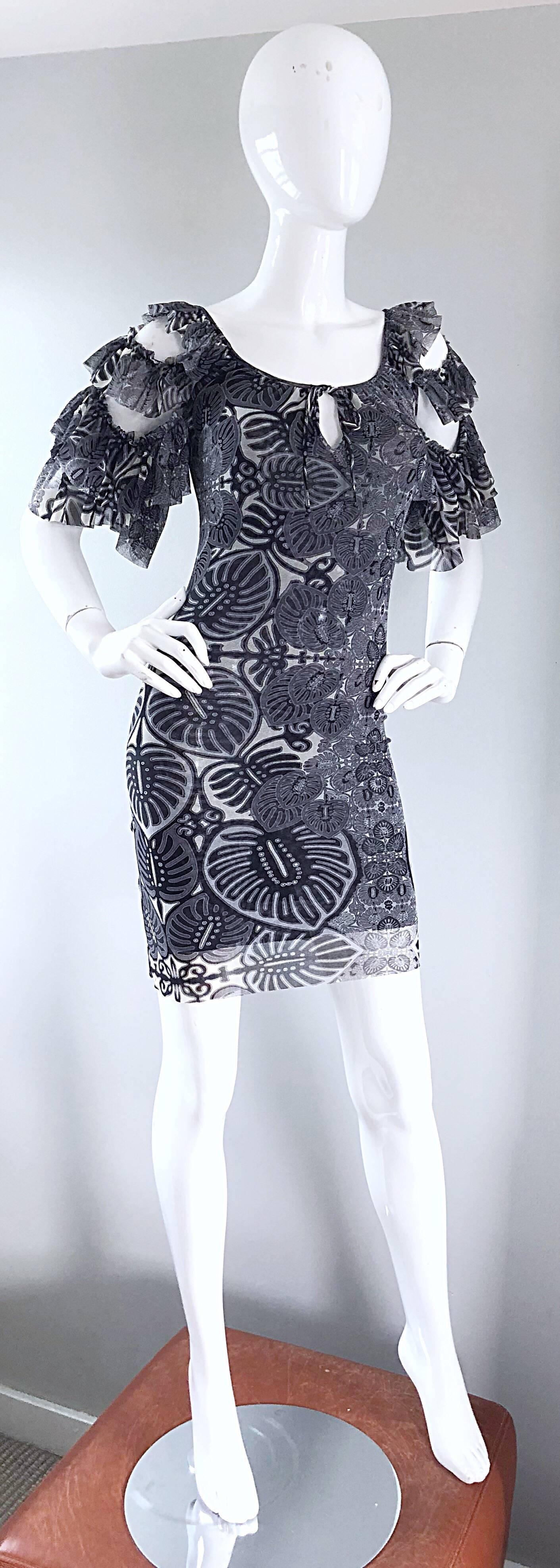 Women's Vintage Jean Paul Gaultier Black and White Batik Print 1990s Flamenco Mini Dress For Sale