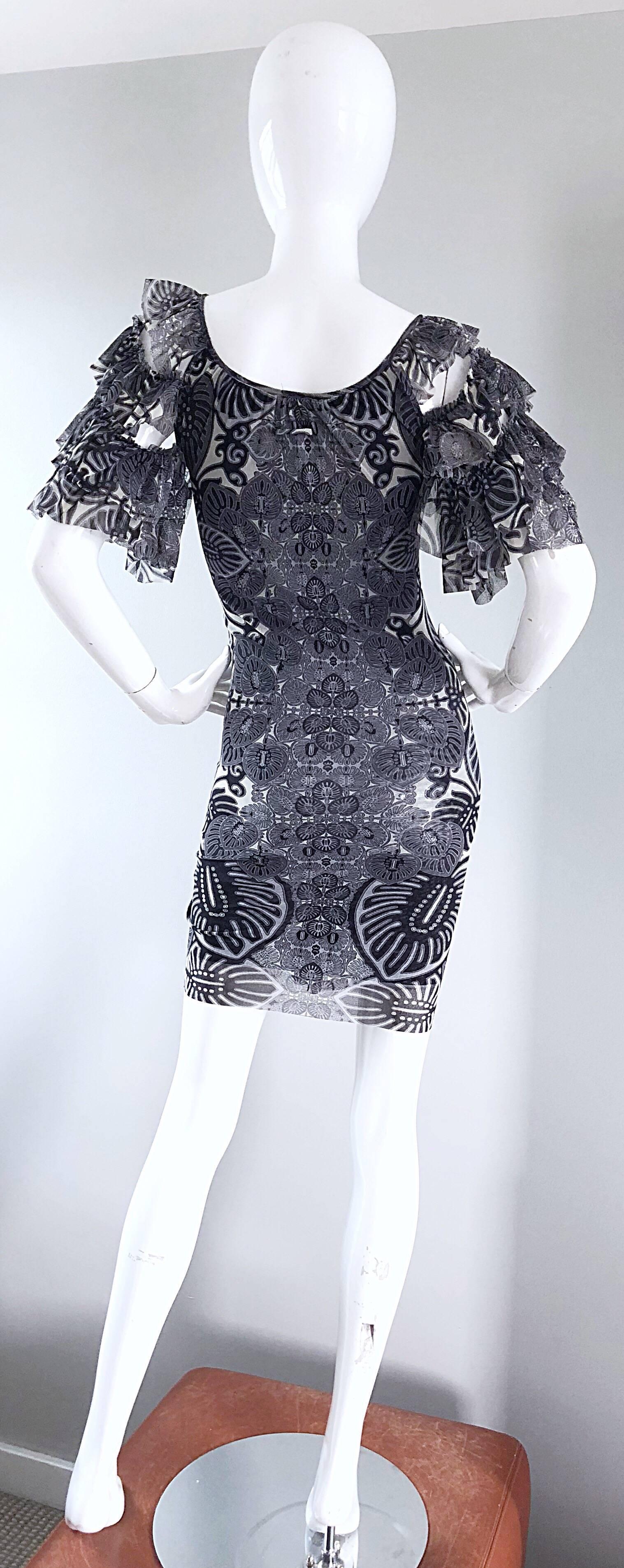 Vintage Jean Paul Gaultier Black and White Batik Print 1990s Flamenco Mini Dress For Sale 1