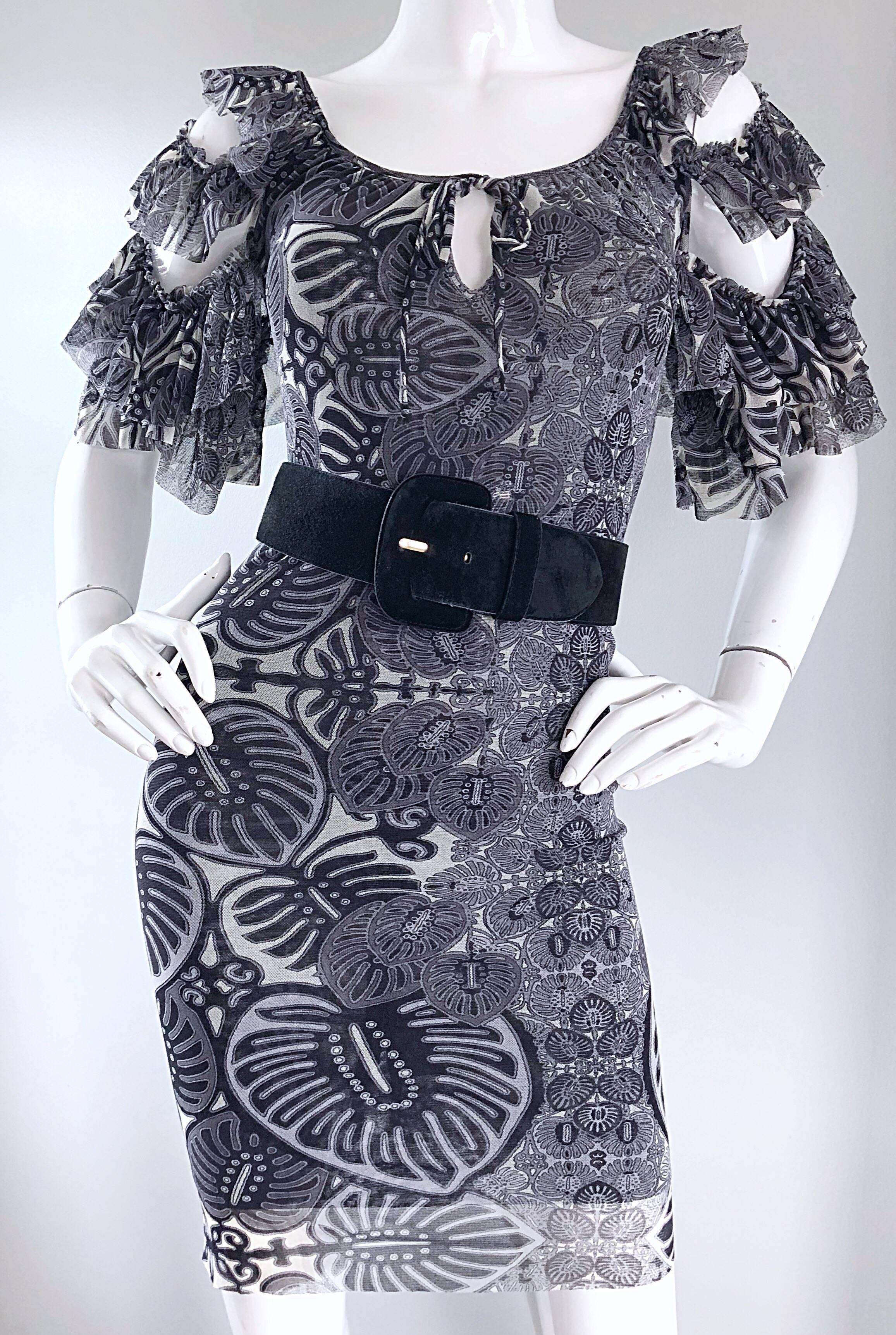 Mini Vestido Flamenco Vintage Jean Paul Gaultier Blanco y Negro Estampado Batik Años 90 en venta 3