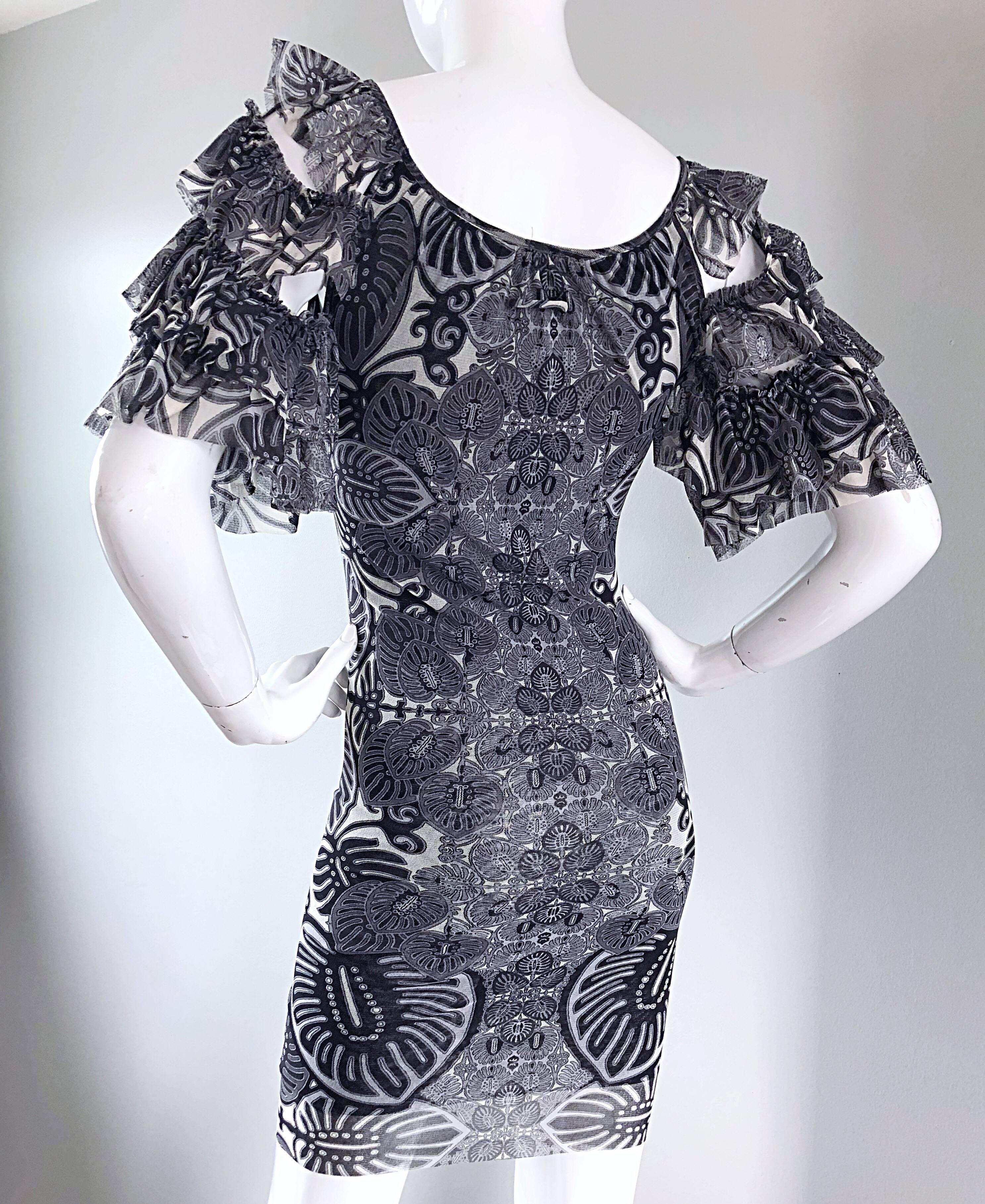 Vintage Jean Paul Gaultier Black and White Batik Print 1990s Flamenco Mini Dress For Sale 3