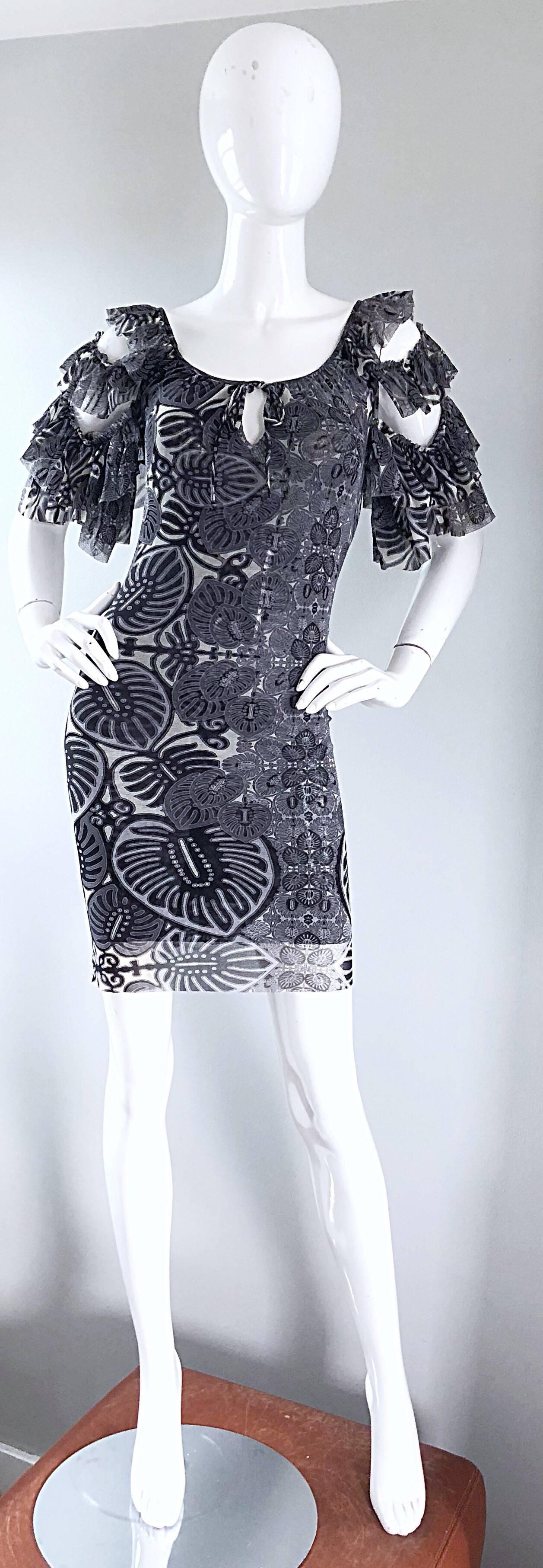 Vintage Jean Paul Gaultier Black and White Batik Print 1990s Flamenco Mini Dress For Sale 4