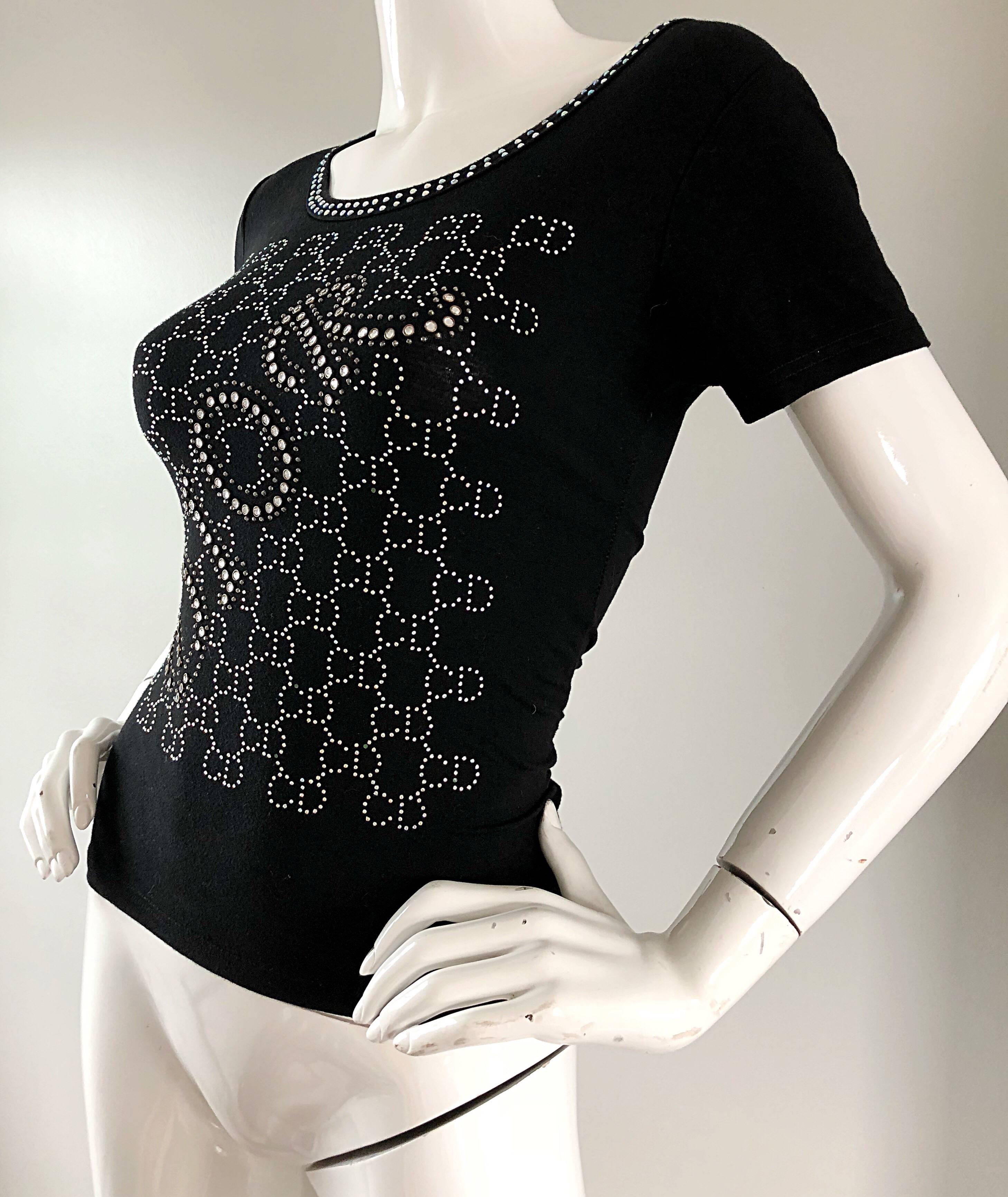 Christian Dior by John Galliano Black Silver Rhinestone Beaded Logo Shirt Top In Excellent Condition For Sale In San Diego, CA