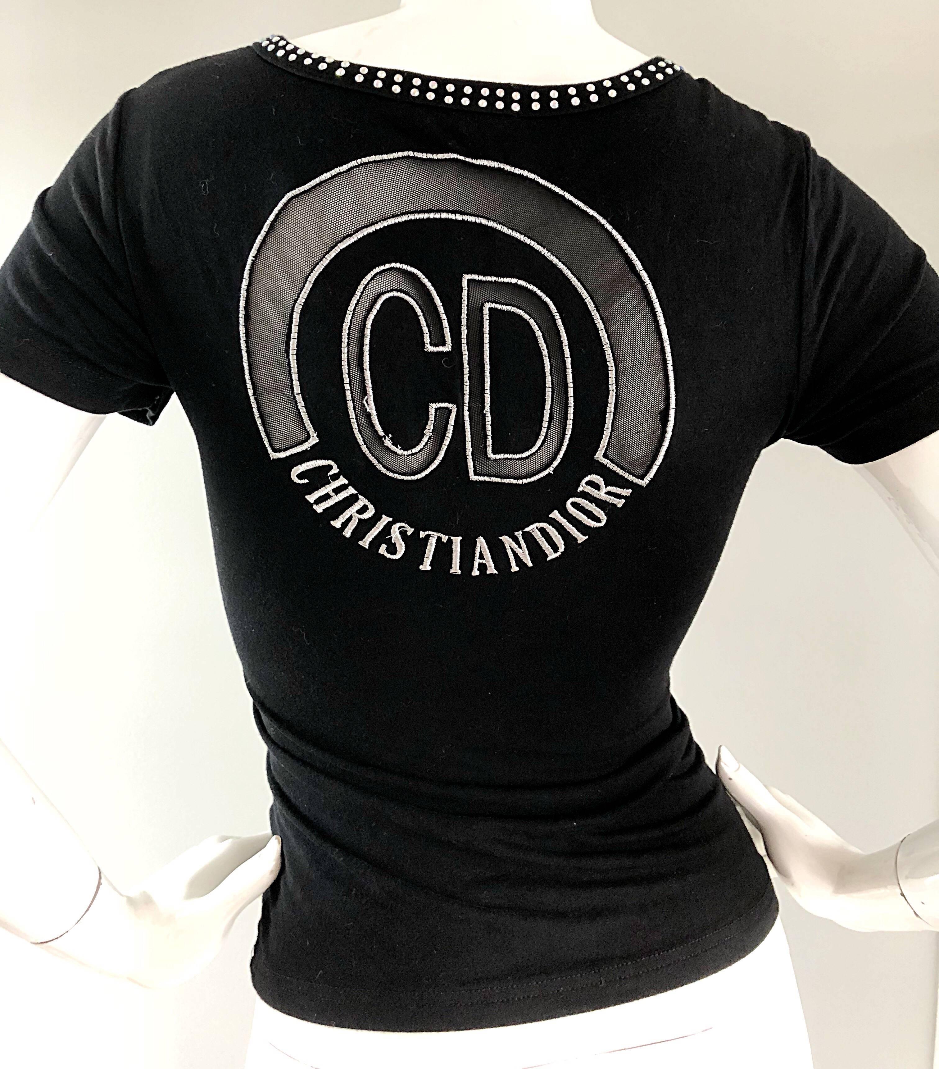 Christian Dior by John Galliano Black Silver Rhinestone Beaded Logo Shirt Top For Sale 1
