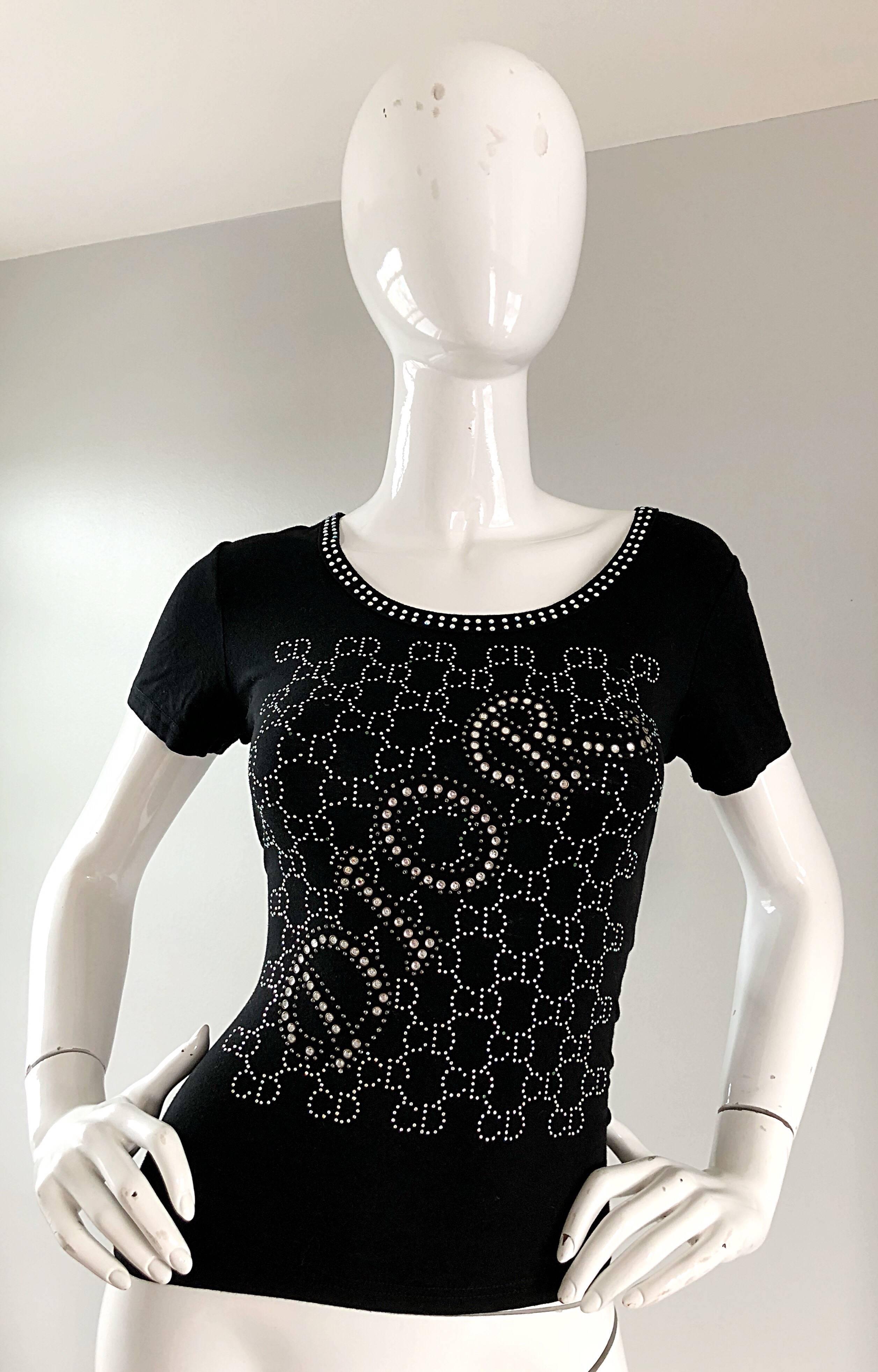 Christian Dior by John Galliano Black Silver Rhinestone Beaded Logo Shirt Top For Sale 2