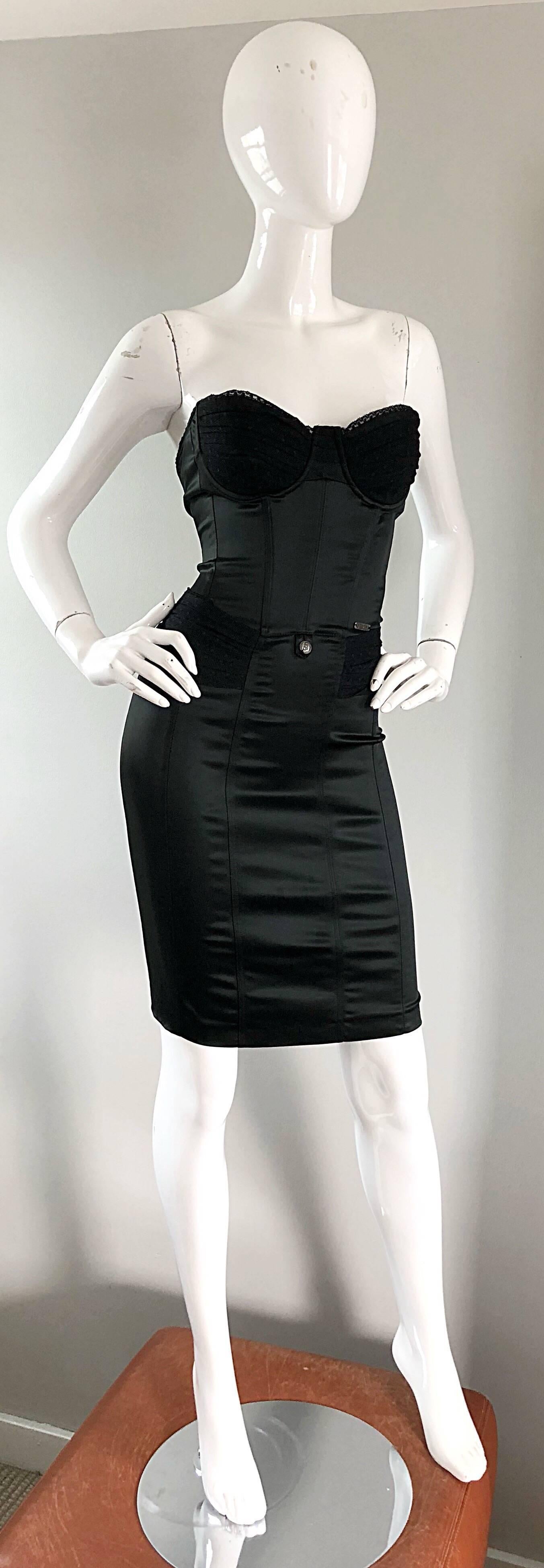 Women's 1990s John Galliano Sexy Black Silk Satin Strapless Vintage Bodycon 90s Dress
