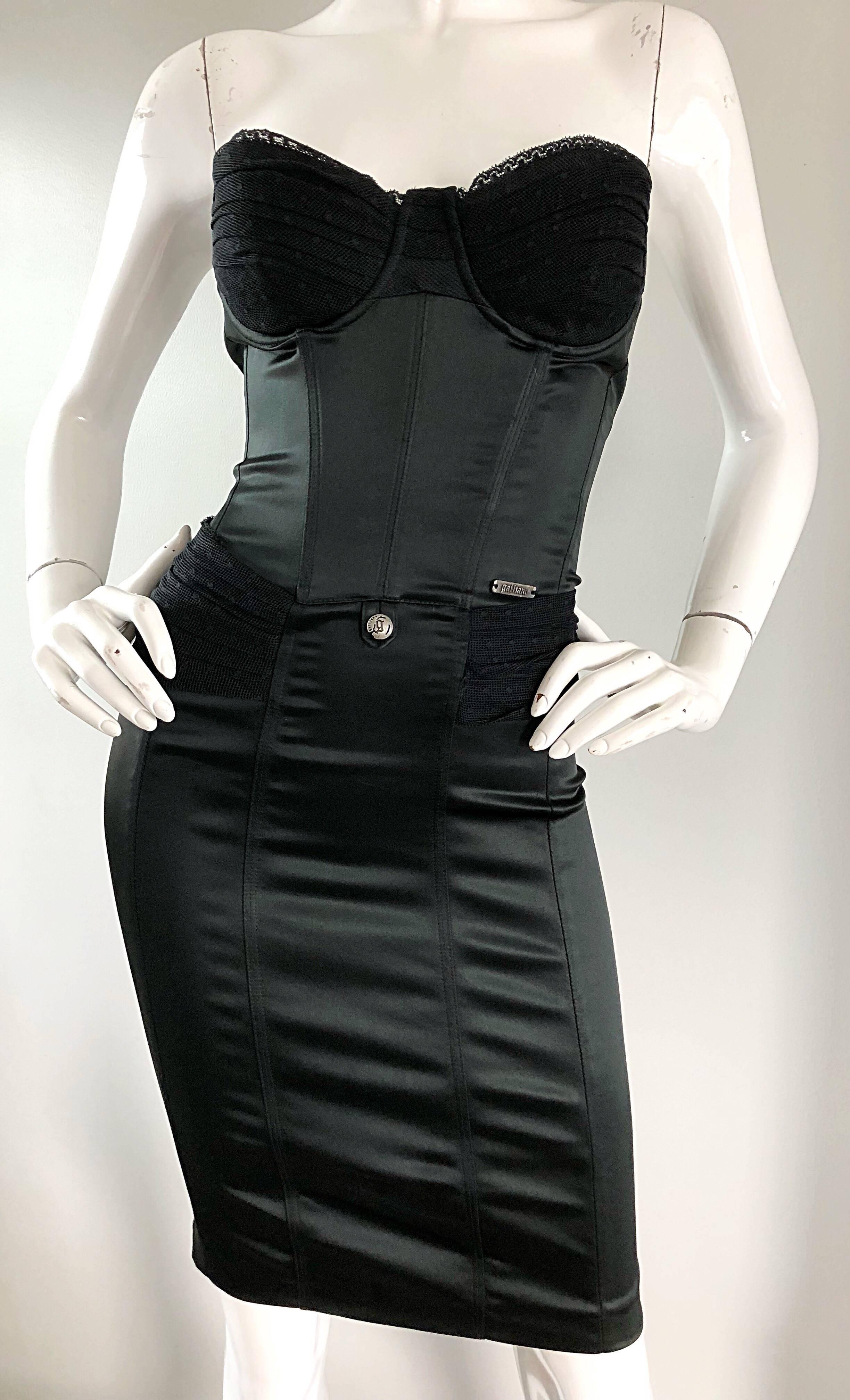 1990s John Galliano Sexy Black Silk Satin Strapless Vintage Bodycon 90s Dress 1