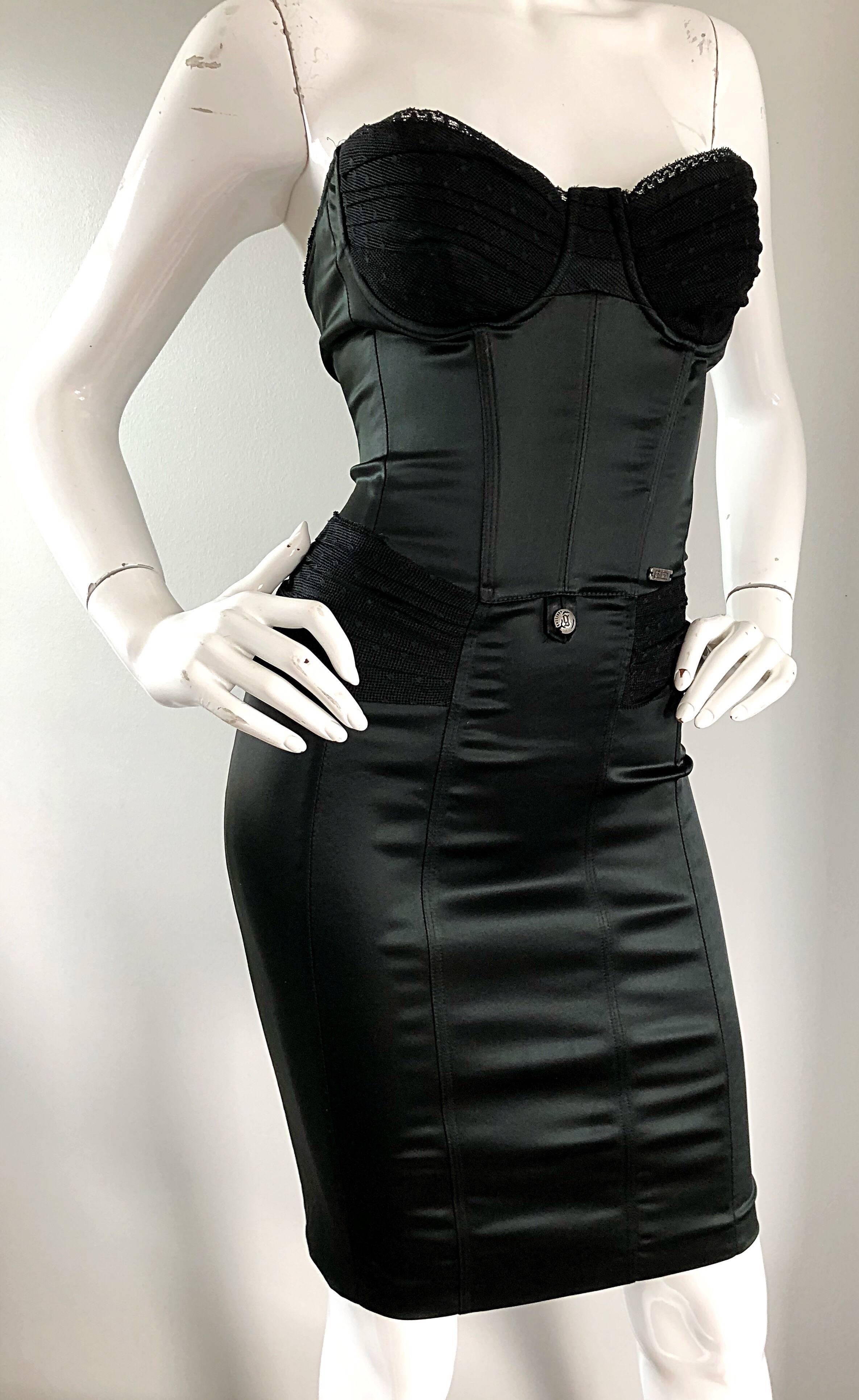 1990s John Galliano Sexy Black Silk Satin Strapless Vintage Bodycon 90s Dress 3