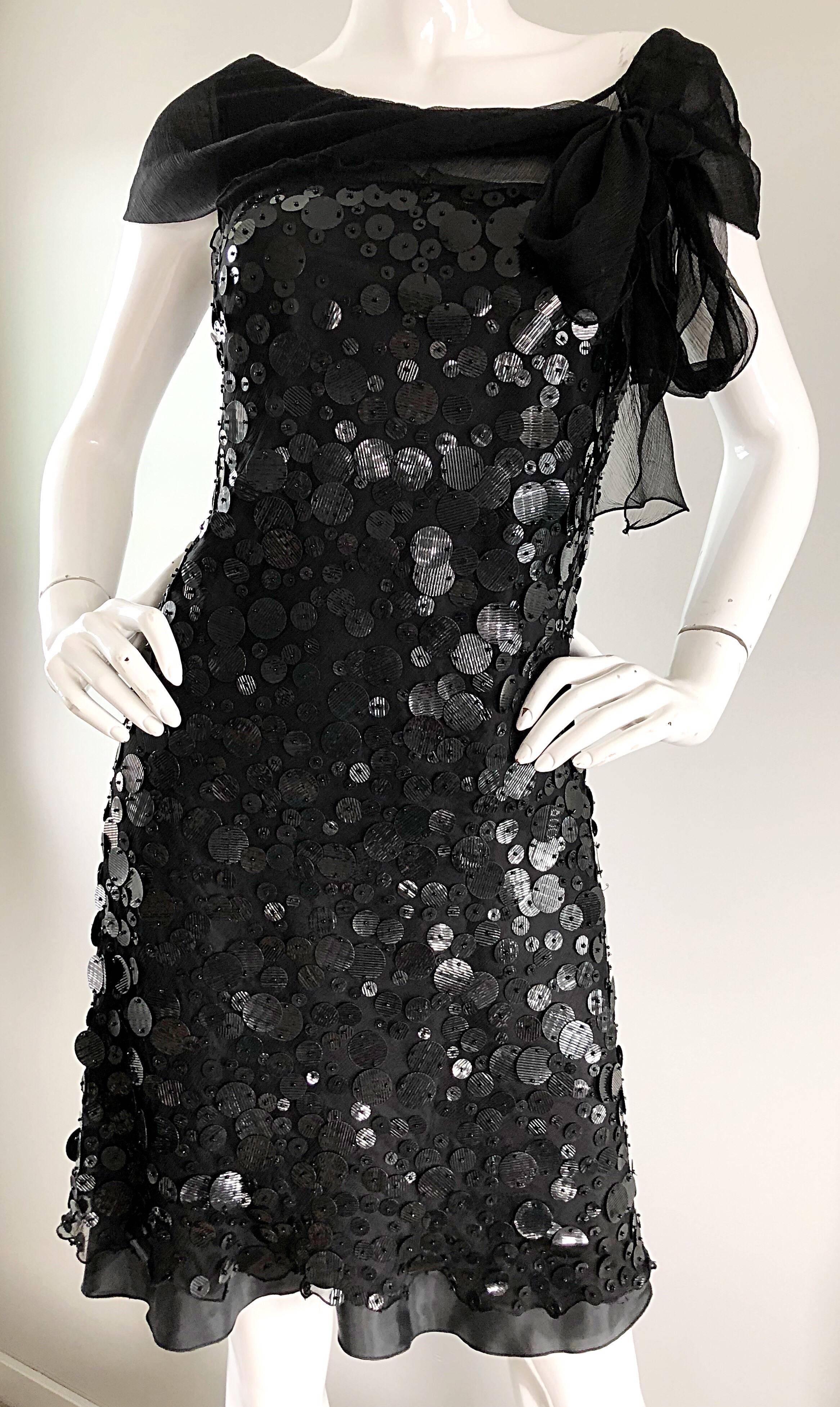 Moschino Cheap & Chic 1990s Black Size 6 Chiffon Paillettes Sequin Vintage Dress In Excellent Condition For Sale In San Diego, CA