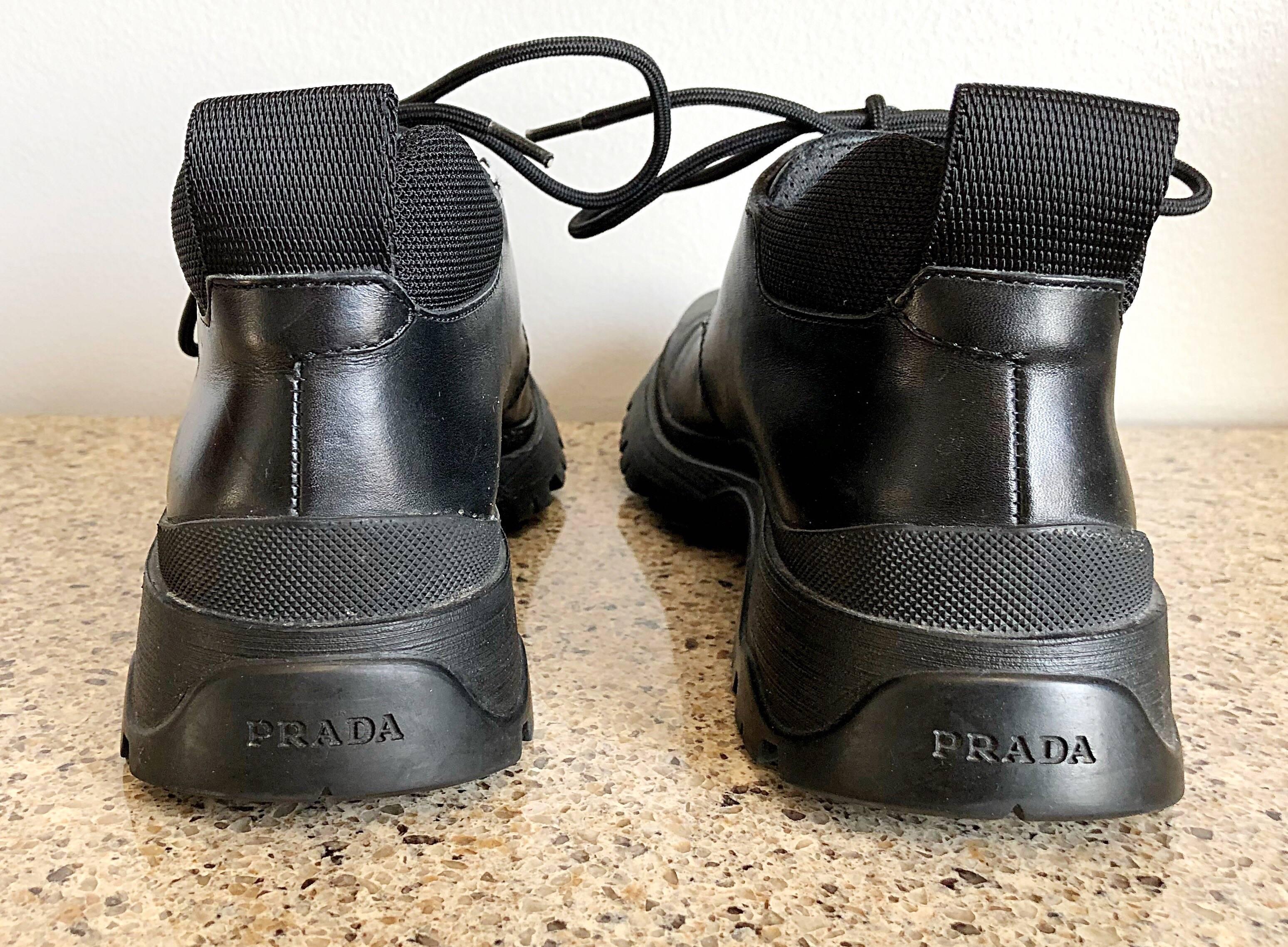 New 1990s Prada Black Leather Size 37.5 / 7.5 Chunky Vintage Flat 