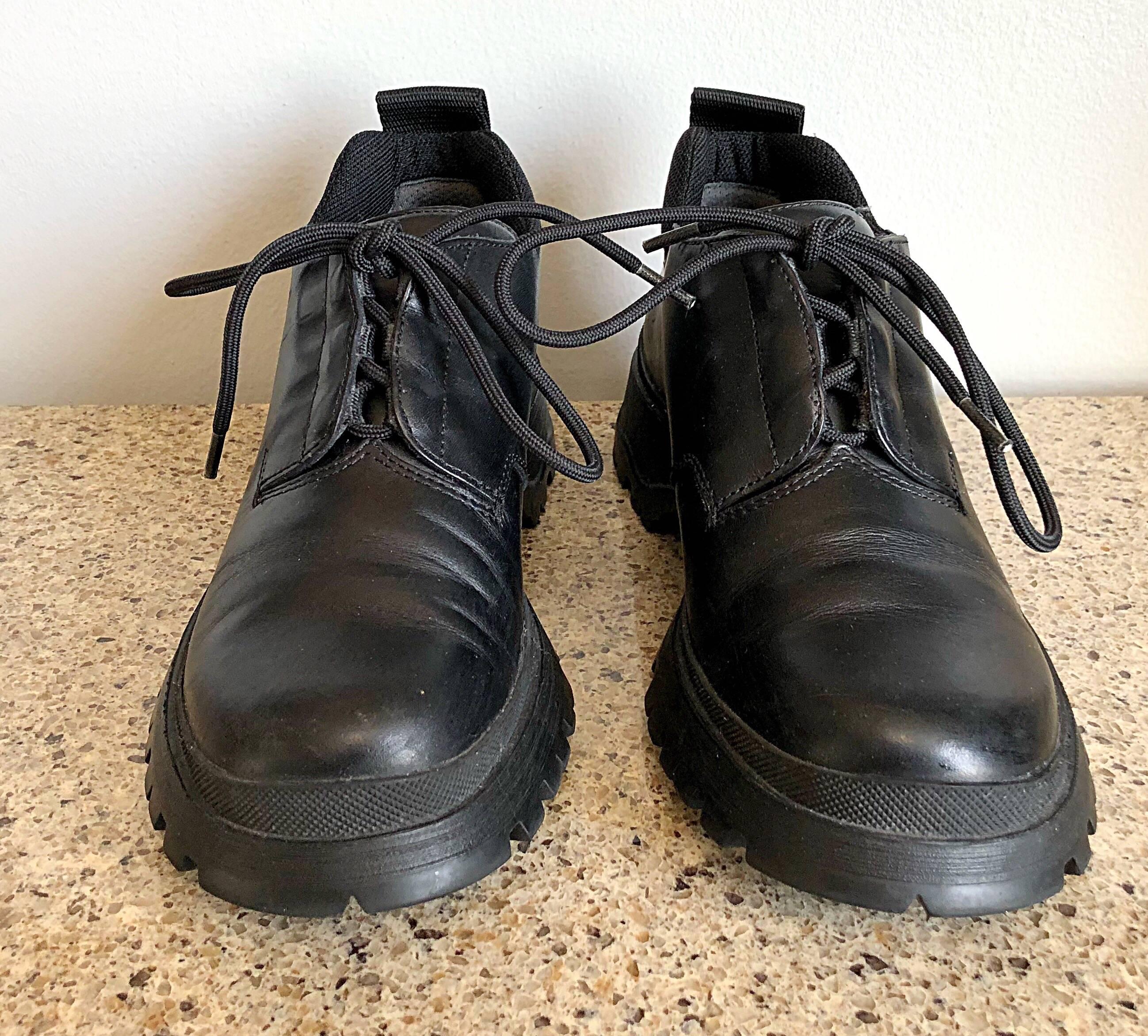 New 1990s Prada Black Leather Size 37.5 / 7.5 Chunky Vintage Flat Ankle ...