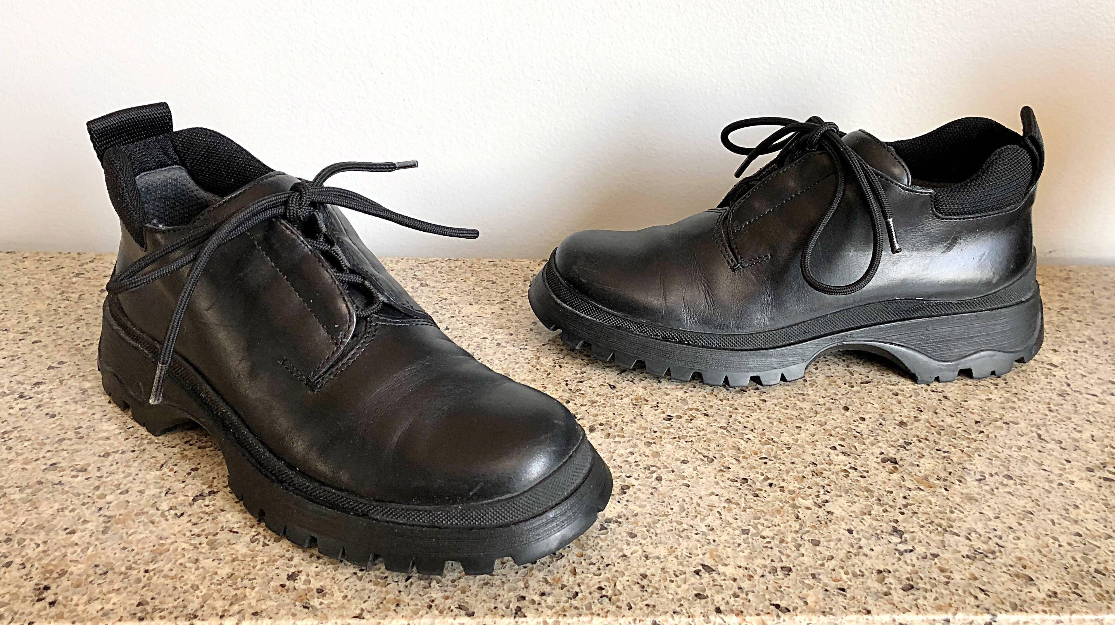 New 1990s Prada Black Leather Size 37.5 / 7.5 Chunky Vintage Flat Ankle Boots 1