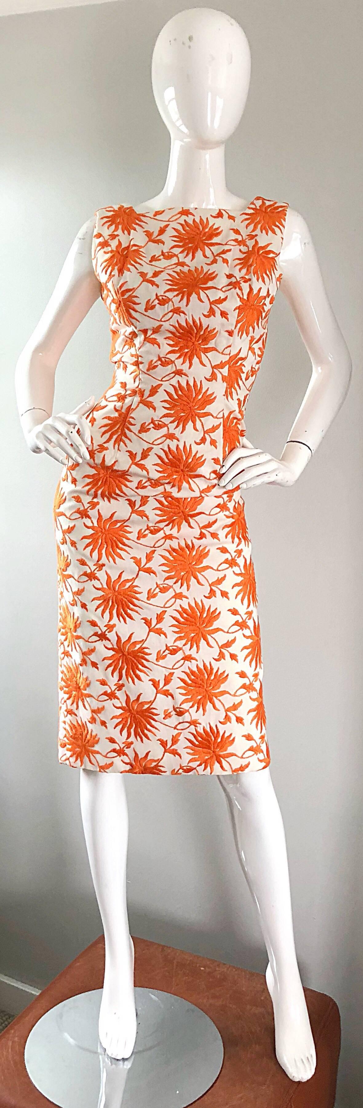 1950s Demi Couture Orange + Ivory White Vintage 50s Wiggle Dress and Jacket Set In Excellent Condition In San Diego, CA