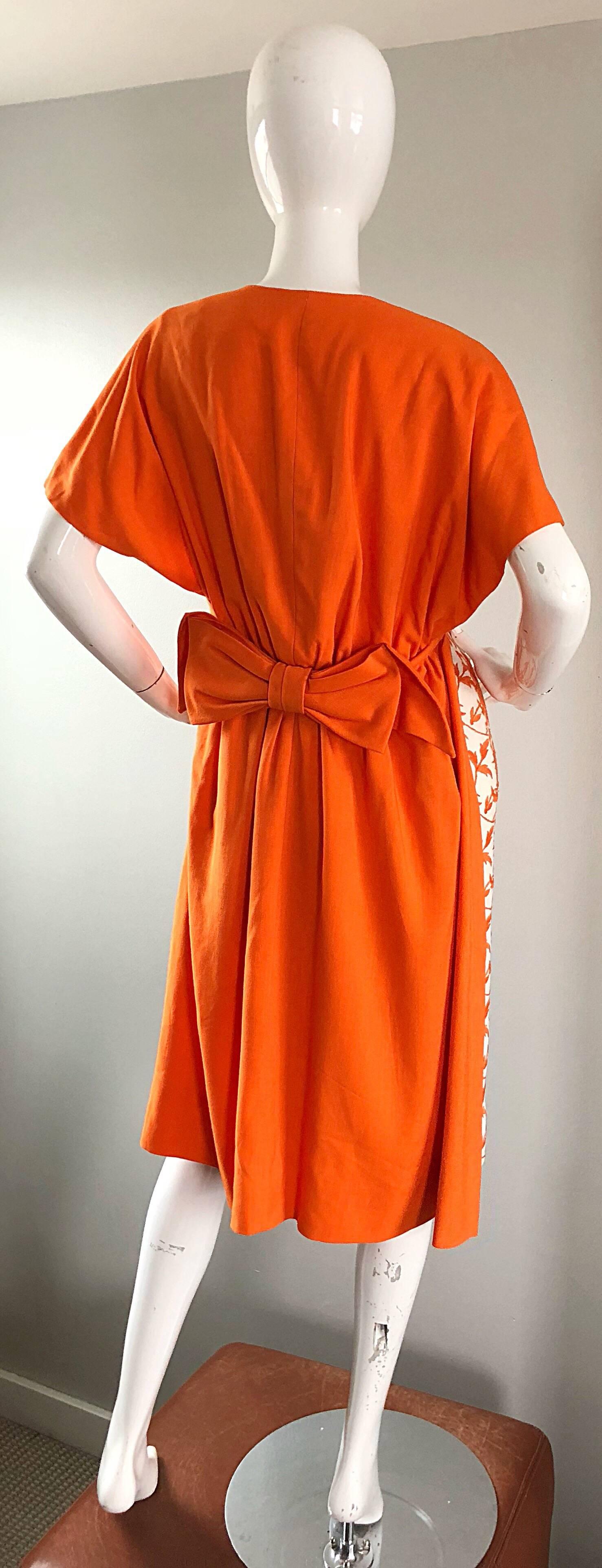 Women's 1950s Demi Couture Orange + Ivory White Vintage 50s Wiggle Dress and Jacket Set