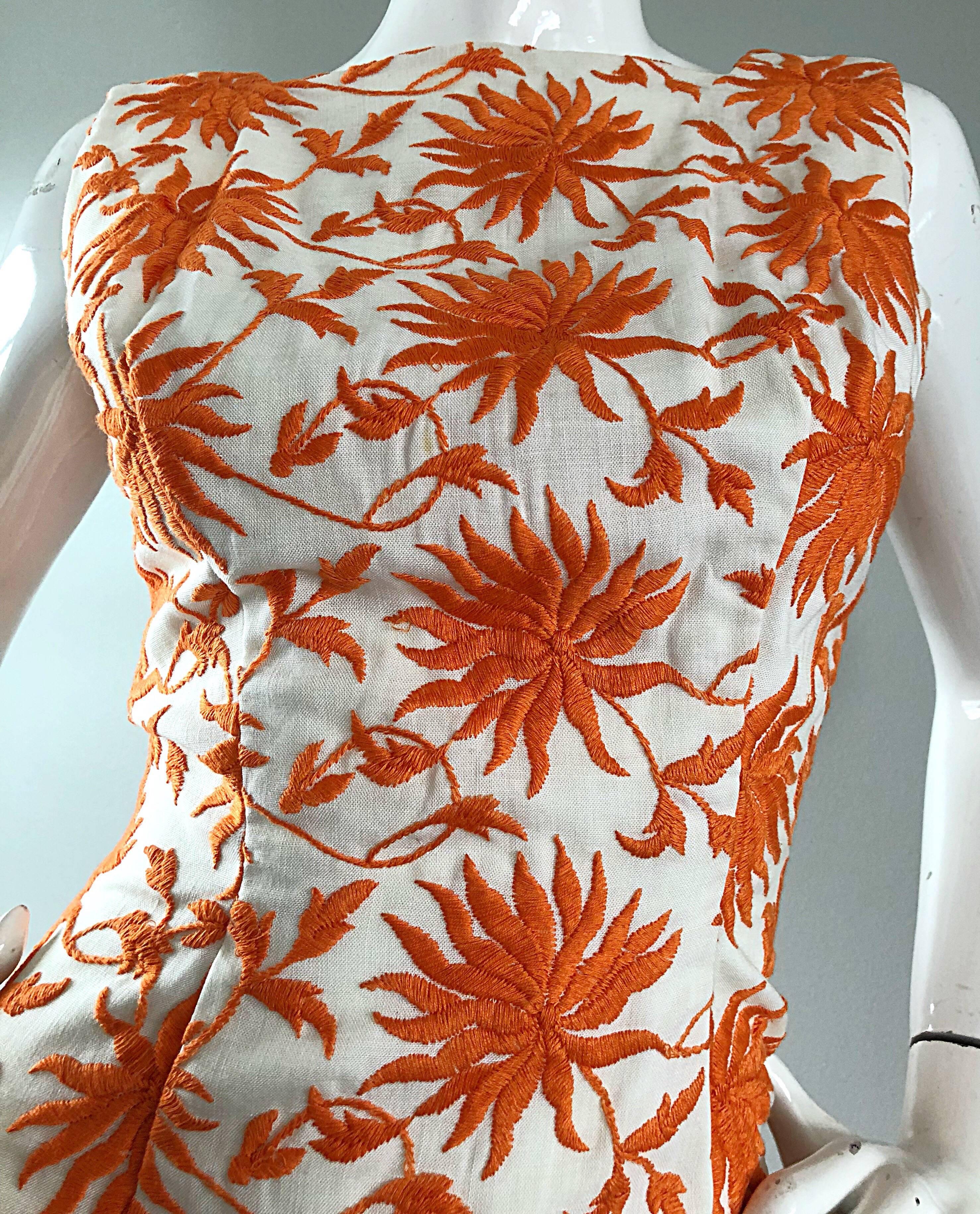 1950s Demi Couture Orange + Ivory White Vintage 50s Wiggle Dress and Jacket Set 3
