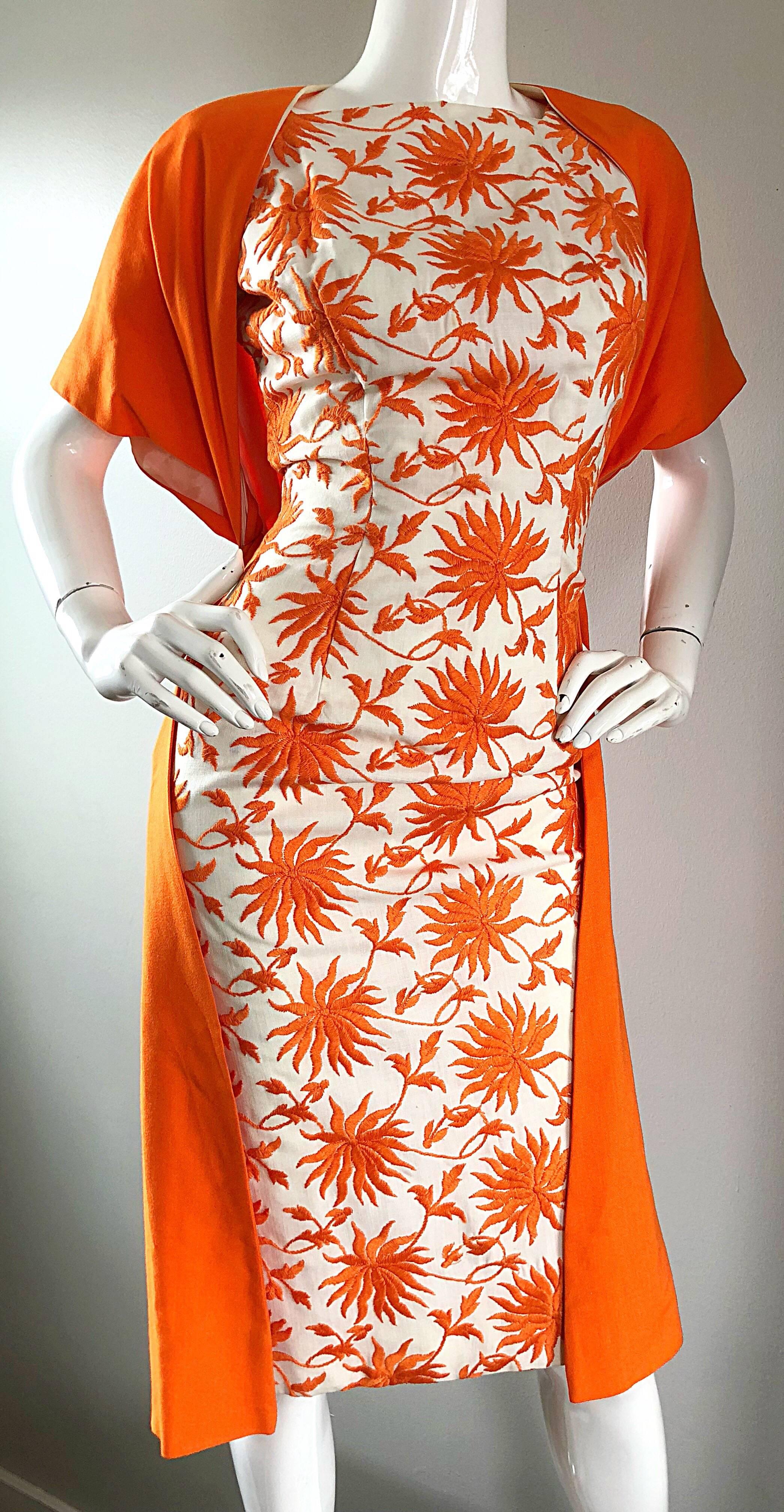 1950s Demi Couture Orange + Ivory White Vintage 50s Wiggle Dress and Jacket Set 4