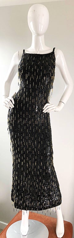 Escada Couture 1990s US 4 Black Gold Fully Beaded Fringe Sequin Vintage 90s Gown
