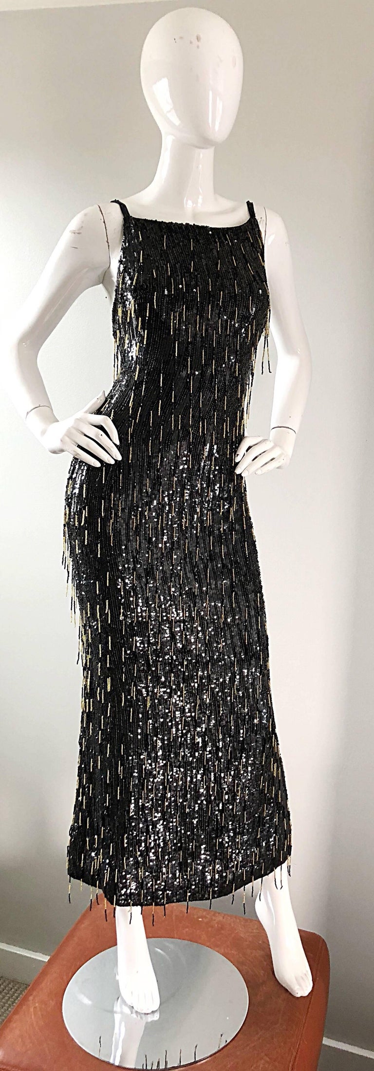 Escada Couture 1990s US 4 Black Gold Fully Beaded Fringe Sequin Vintage ...