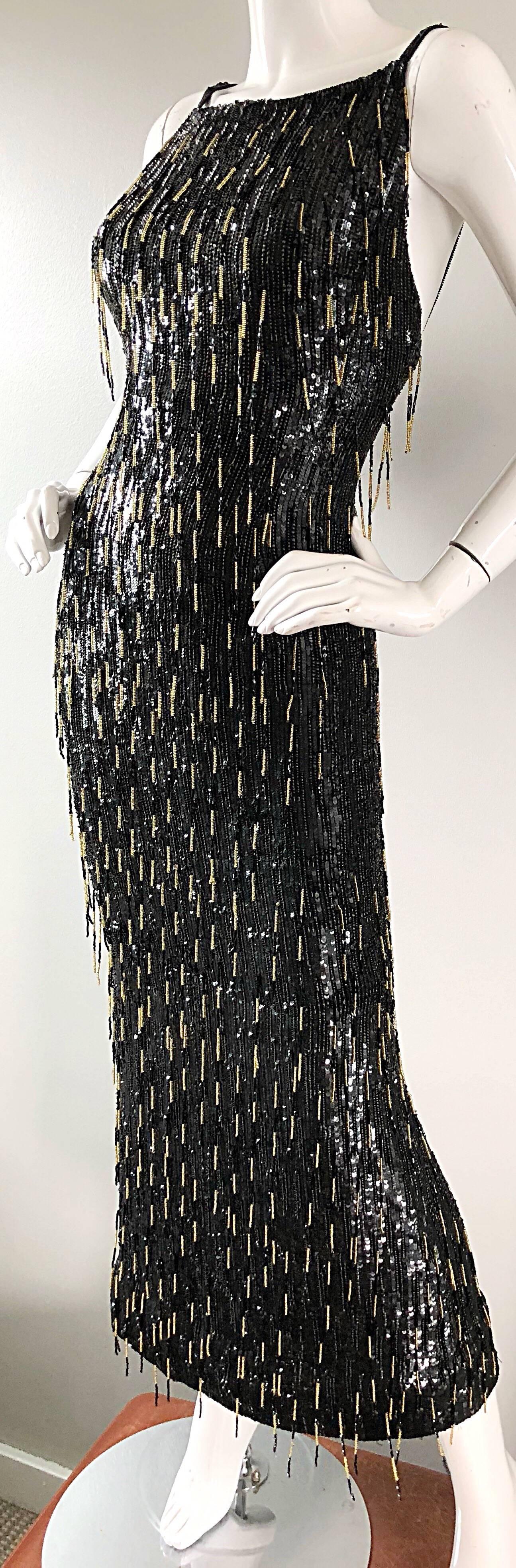 Escada Couture 1990s US 4 Black Gold Fully Beaded Fringe Sequin Vintage 90s Gown In Excellent Condition In San Diego, CA