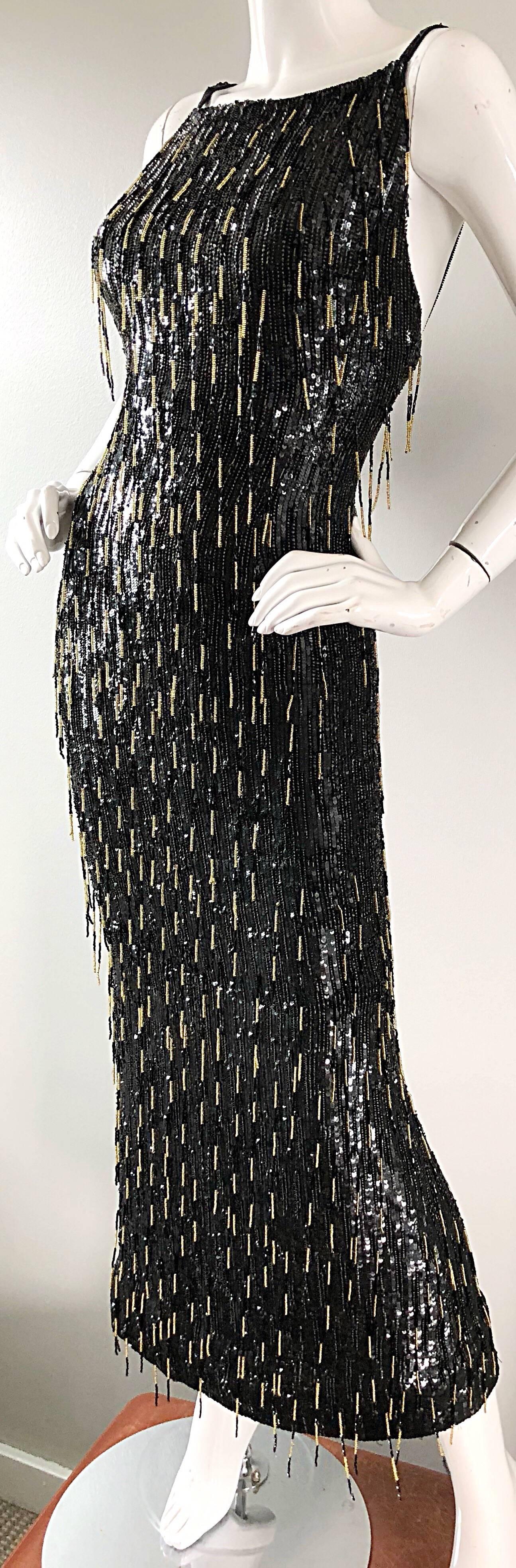 Escada Couture 1990s US 4 Black Gold Fully Beaded Fringe Sequin Vintage 90s Gown In Excellent Condition In San Diego, CA