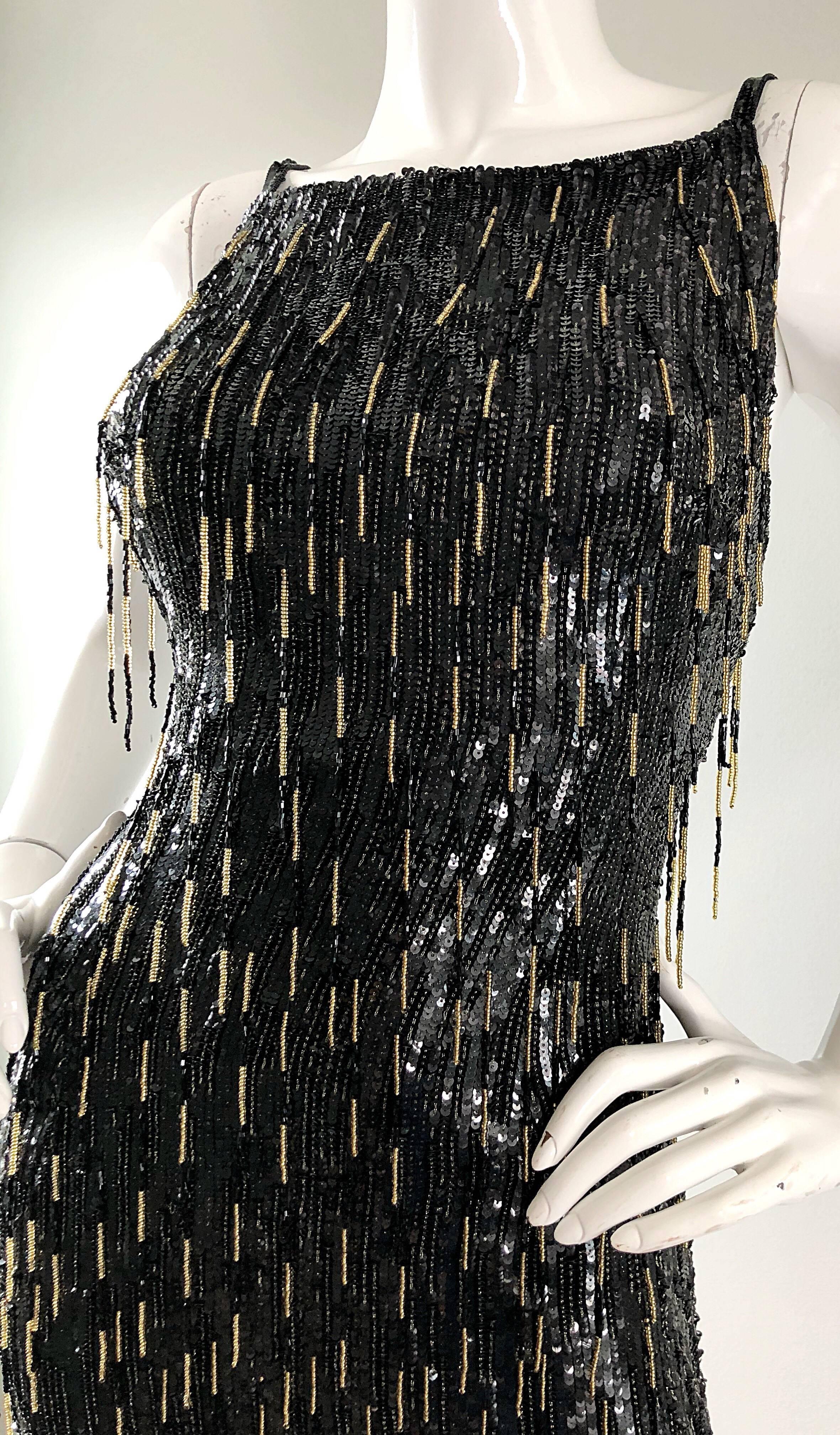 Women's Escada Couture 1990s US 4 Black Gold Fully Beaded Fringe Sequin Vintage 90s Gown