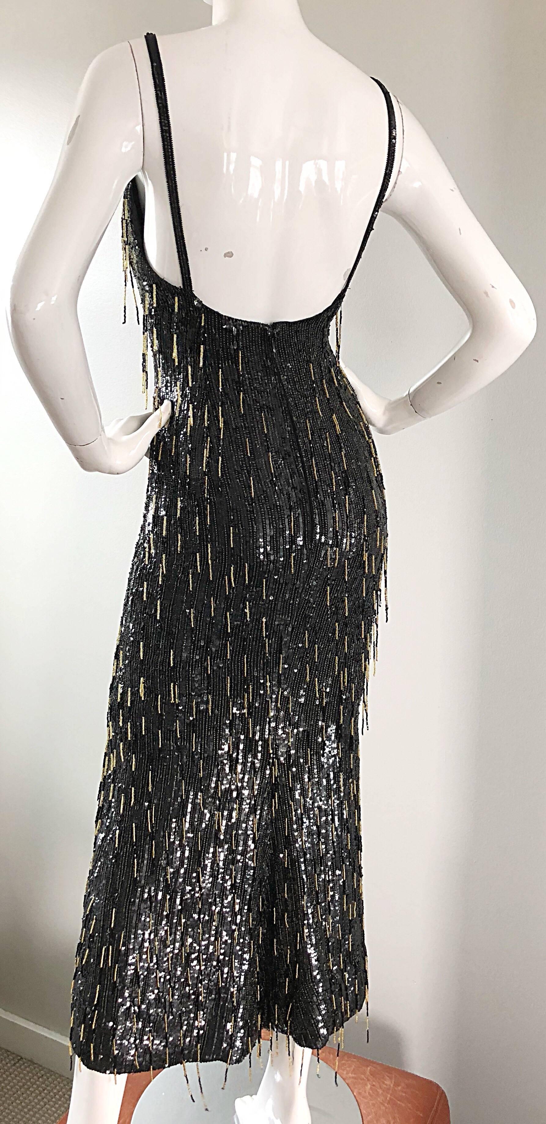 Escada Couture 1990s US 4 Black Gold Fully Beaded Fringe Sequin Vintage 90s Gown 1