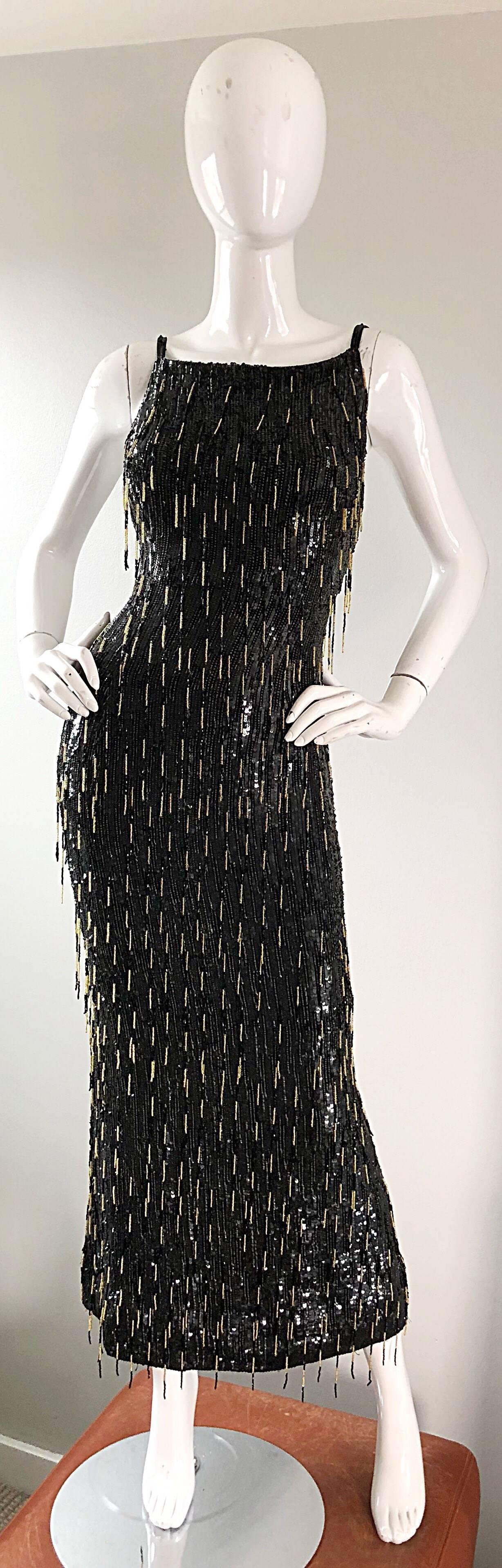 Escada Couture 1990s US 4 Black Gold Fully Beaded Fringe Sequin Vintage 90s Gown 2