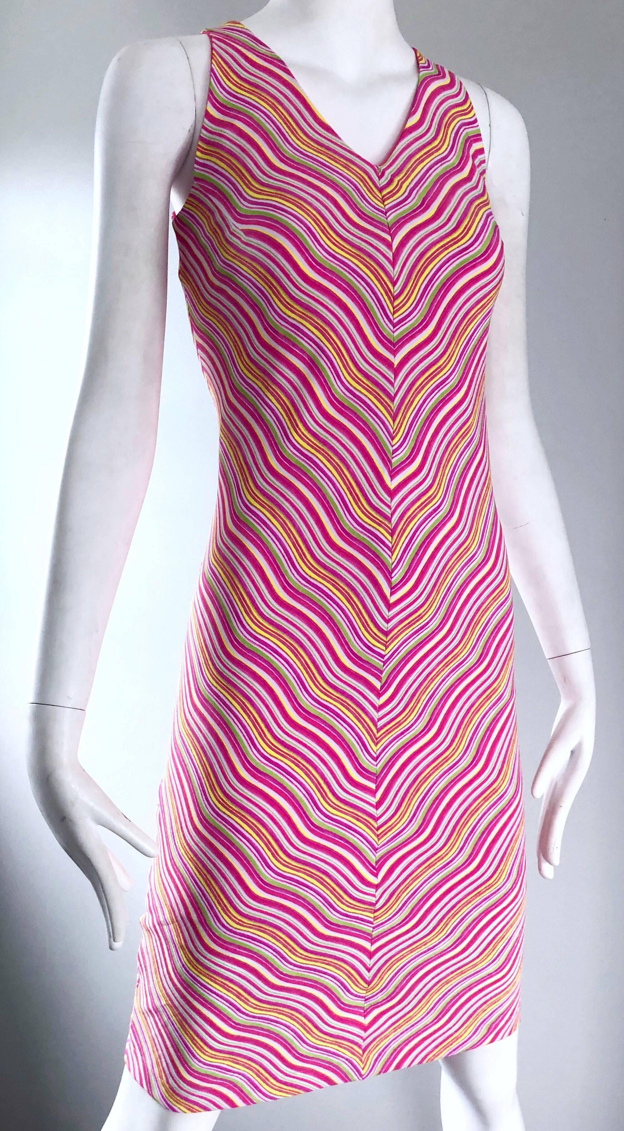 Women's 1990s Krizia Candy Stripe Op - Art Pink Squiggle 90s Vintage Silk Shift Dress  For Sale