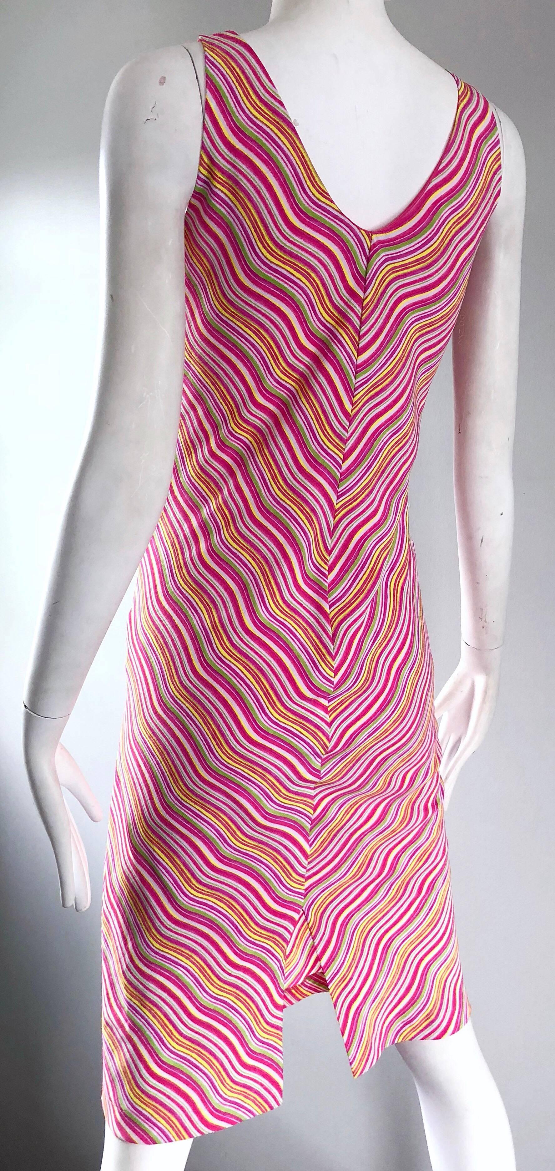 1990s Krizia Candy Stripe Op - Art Pink Squiggle 90s Vintage Silk Shift Dress  For Sale 1