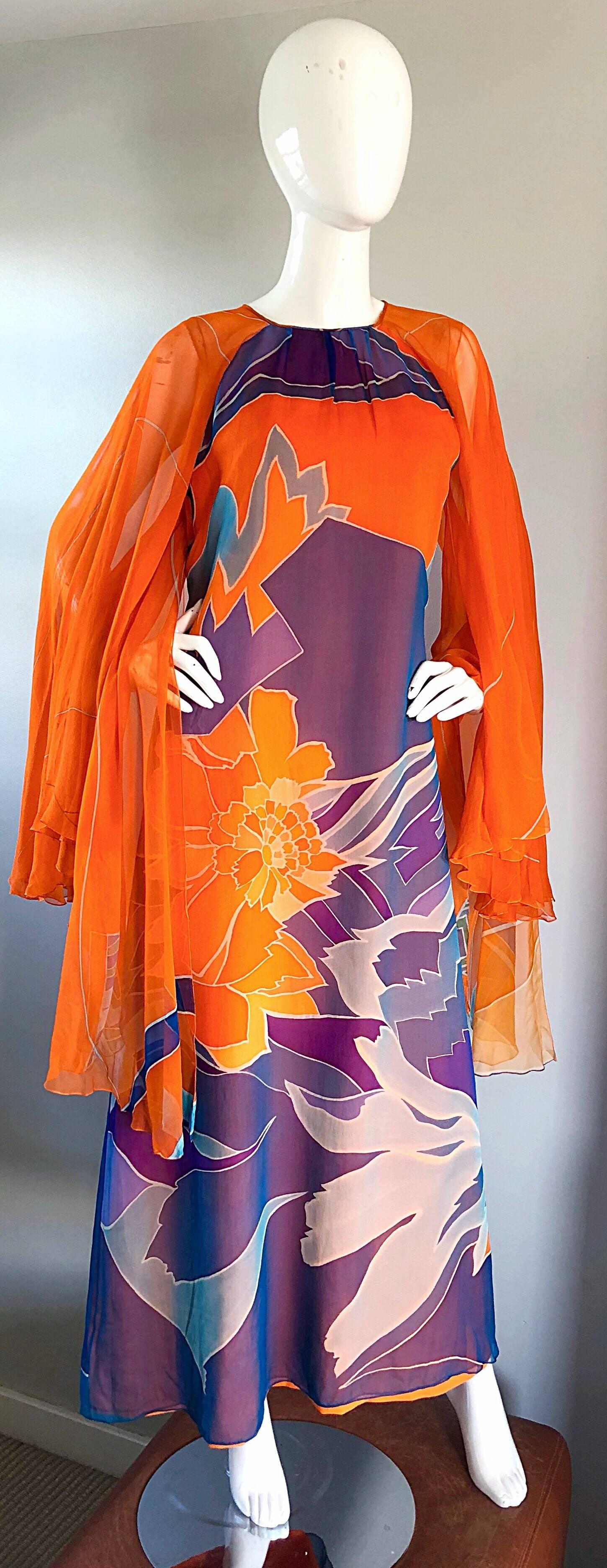 1970s Hanae Mori Couture Bright Orange Silk Chiffon Vintage Caftan Maxi Dress In Excellent Condition In San Diego, CA