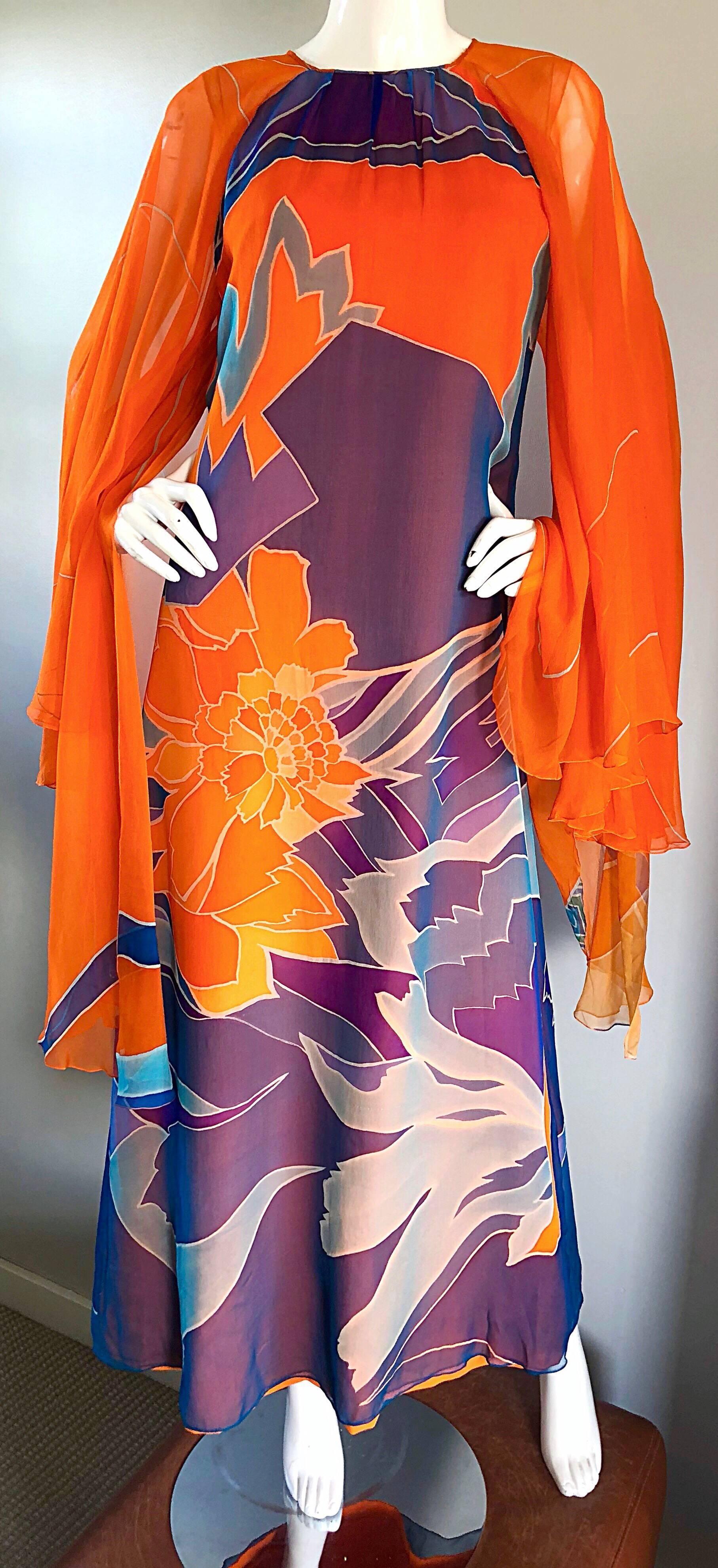 Women's 1970s Hanae Mori Couture Bright Orange Silk Chiffon Vintage Caftan Maxi Dress