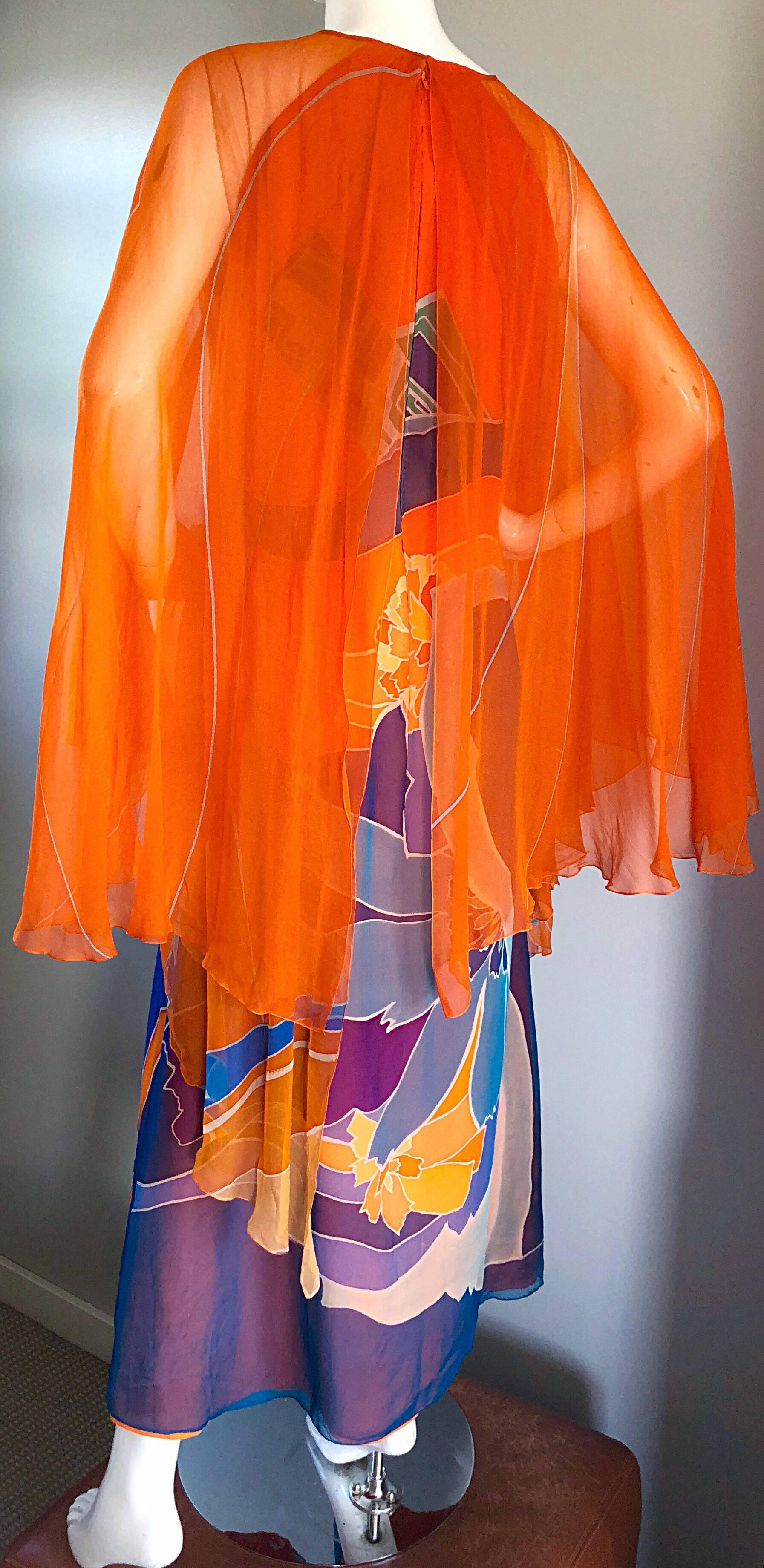 1970s Hanae Mori Couture Bright Orange Silk Chiffon Vintage Caftan Maxi Dress 1