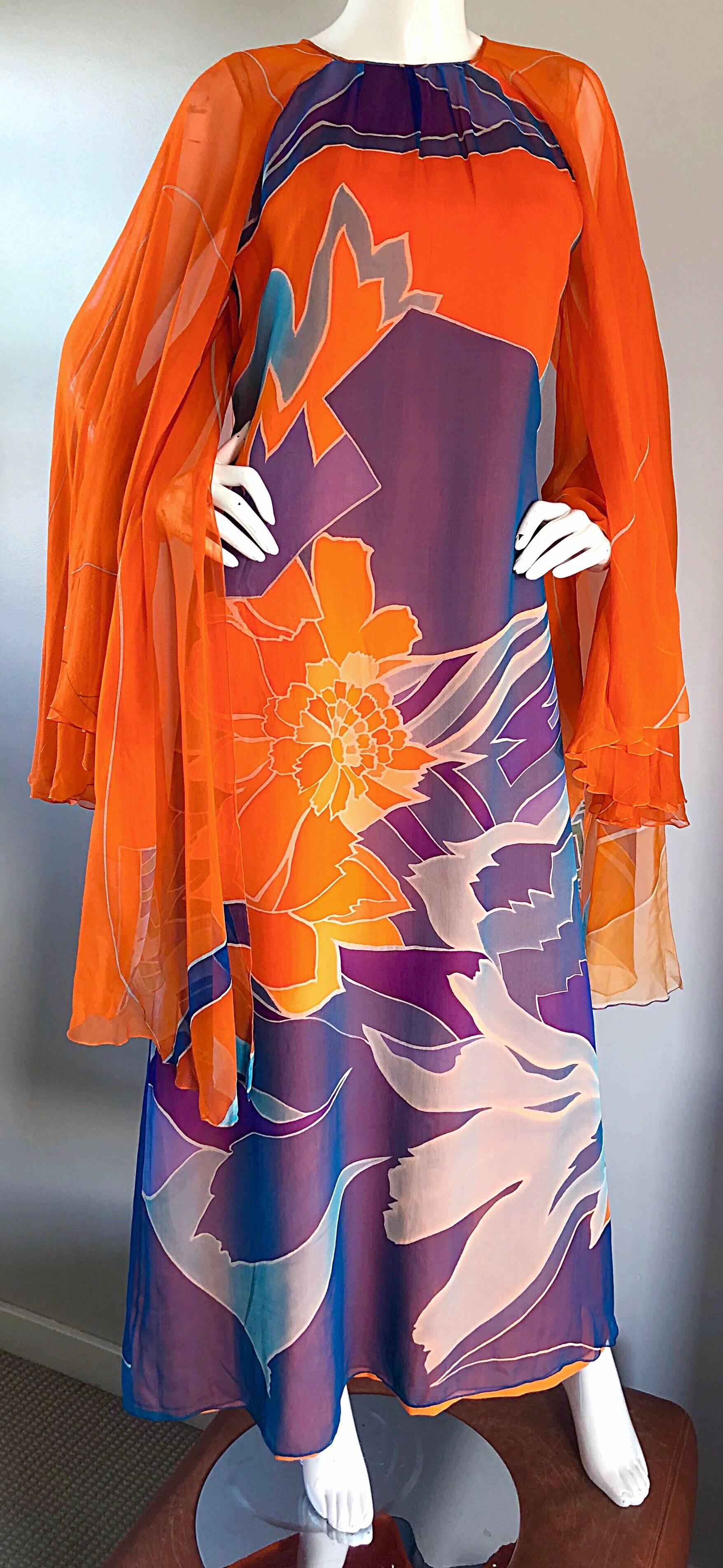 1970s Hanae Mori Couture Bright Orange Silk Chiffon Vintage Caftan Maxi Dress 2