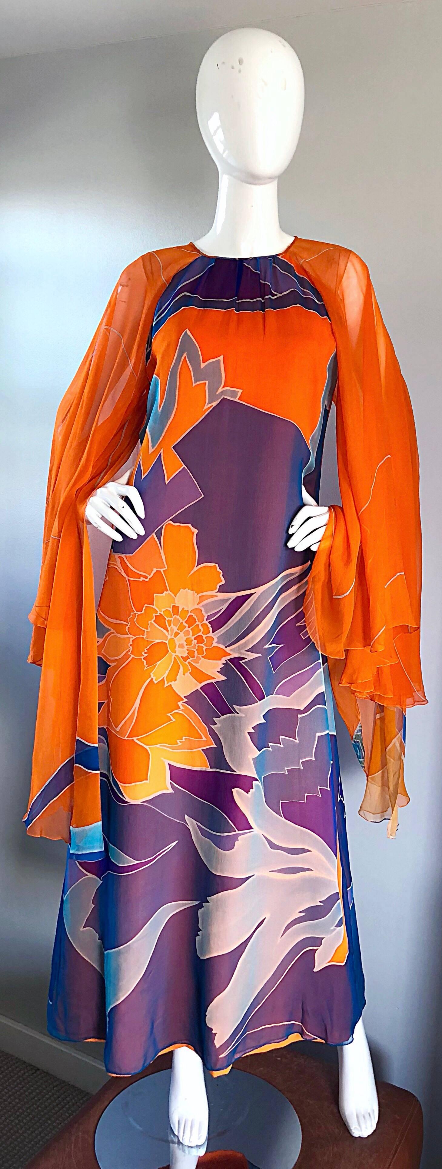 1970s Hanae Mori Couture Bright Orange Silk Chiffon Vintage Caftan Maxi Dress 3